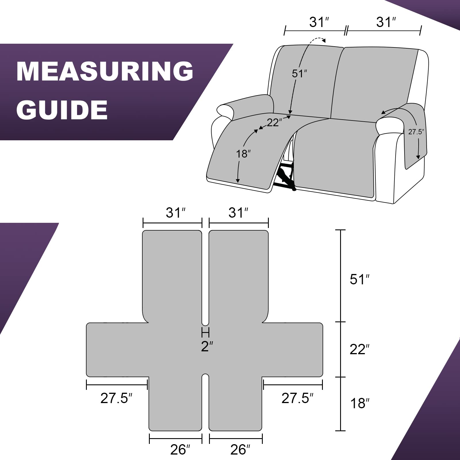 MeilleMaison Recliner Sofa Slipcover - Stretchable 2-Seater Couch Cover for Reclining Loveseat, Non-Slip Elastic Straps, Pet & Kid Friendly - Black/Grey (MMCLKR02C6) - Perfect for Living Room, Family Room & Home Theater Seating Protection