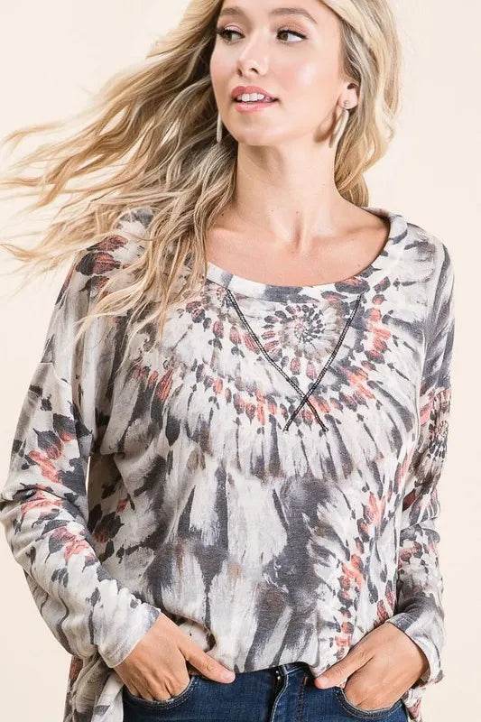 Bibi Tie Dye Terry Top with Contrast Stitching - Charcoal Grey Women's Casual Shirt | Perfect for Summer Outfits, Beach Wear & Boho Fashion