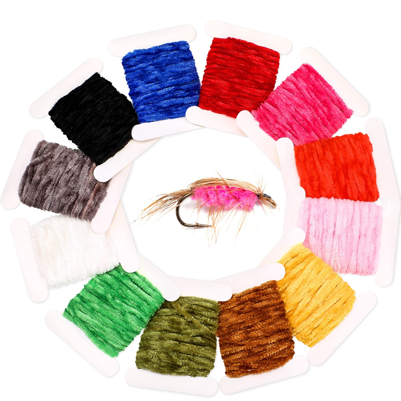 BBTO 12-Piece Fly Tying Chenille Kit - 65.64 Yards DIY Fly Tying Materials for Streamers, Wooly Buggers & Nymphs - Durable Flex Hackle Thread & Tinsel for Fly Fishing Lures - Perfect for Crafting, Fly Tying & Outdoor Fishing Gear