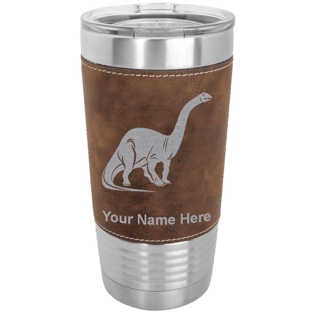 LaserGram 20oz Vacuum Insulated Stainless Steel Tumbler Mug with Brontosaurus Dinosaur Design - Personalized Engraving, Faux Leather Base & Rustic Finish - Perfect for Coffee, Tea & Cold Drinks at Home, Office or Outdoor Adventures