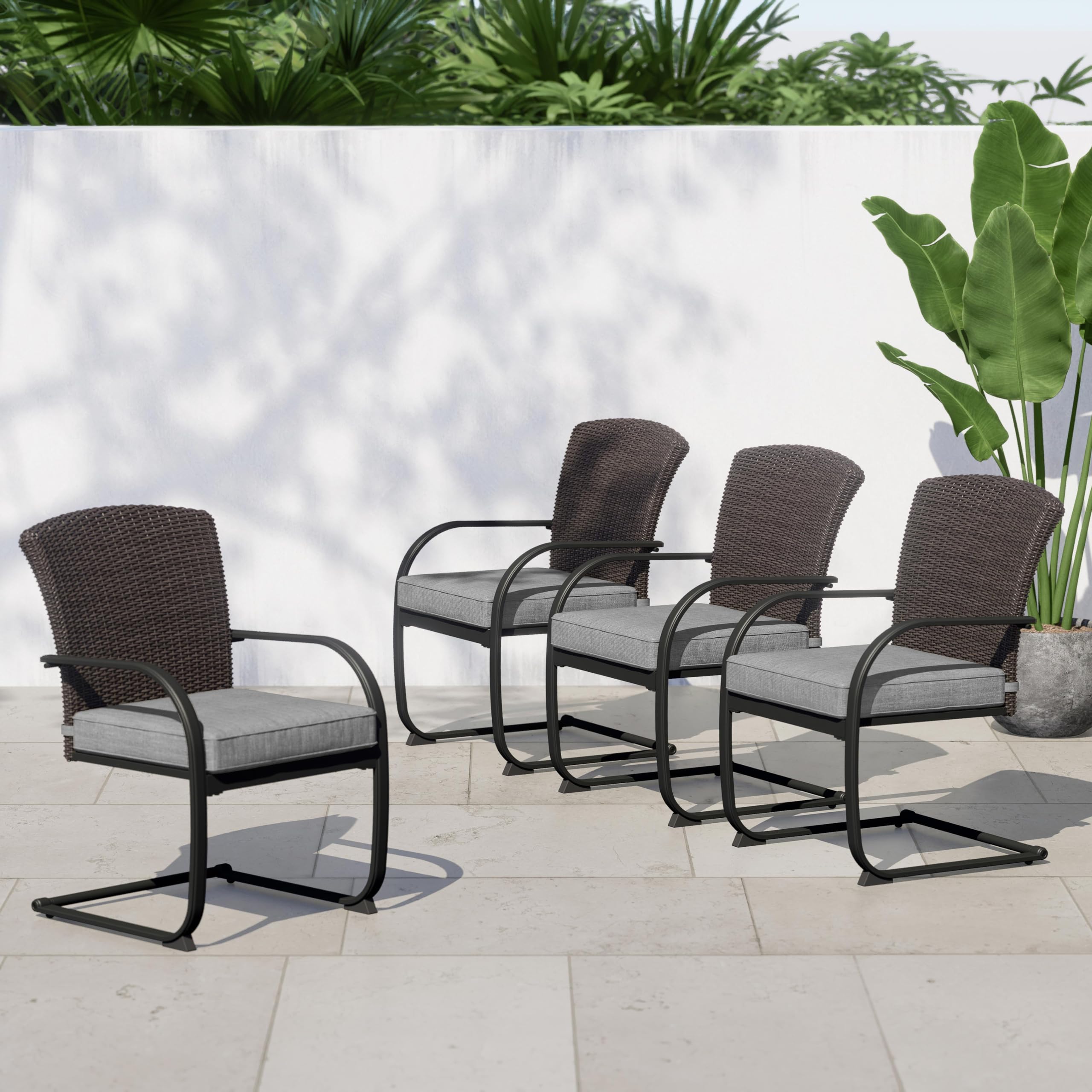 4-Piece Outdoor Patio Dining Chairs Set - Metal Frame with C-Spring Motion & Wicker Design, Includes Gray Seat Cushions - Perfect for Garden, Backyard, Deck, and Poolside Dining Areas
