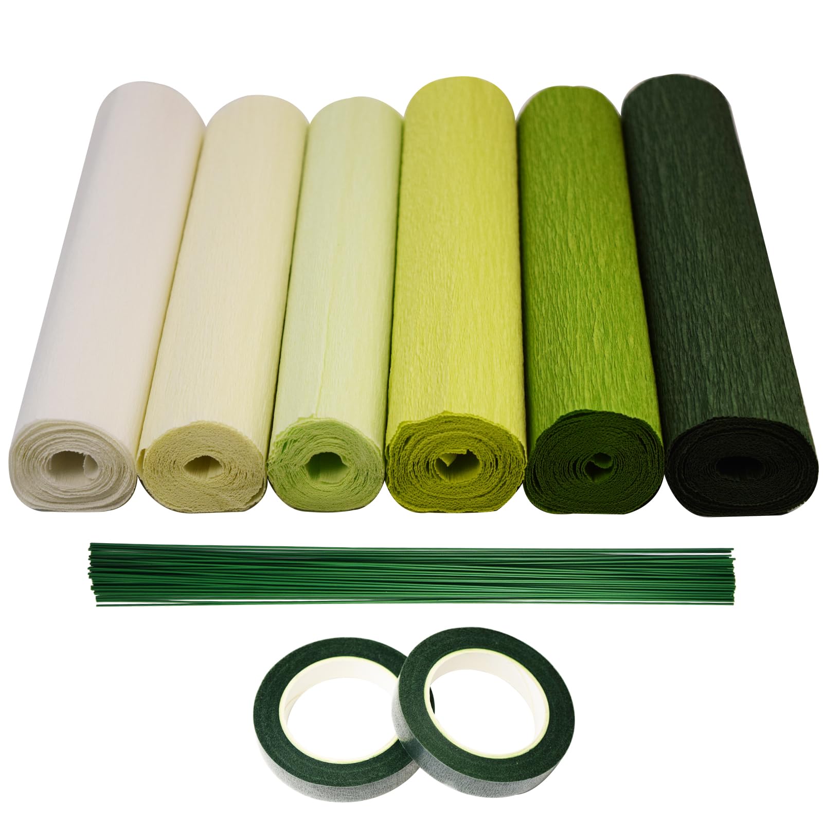 Chaekoy Green Crepe Paper - 6 Rolls 10 Inch Wide Streamers for DIY Flower Making, Wedding & Party Decorations | Includes Floral Tape & Stem Wire for Festive Crafts, Backdrops, and Bouquet Arrangements