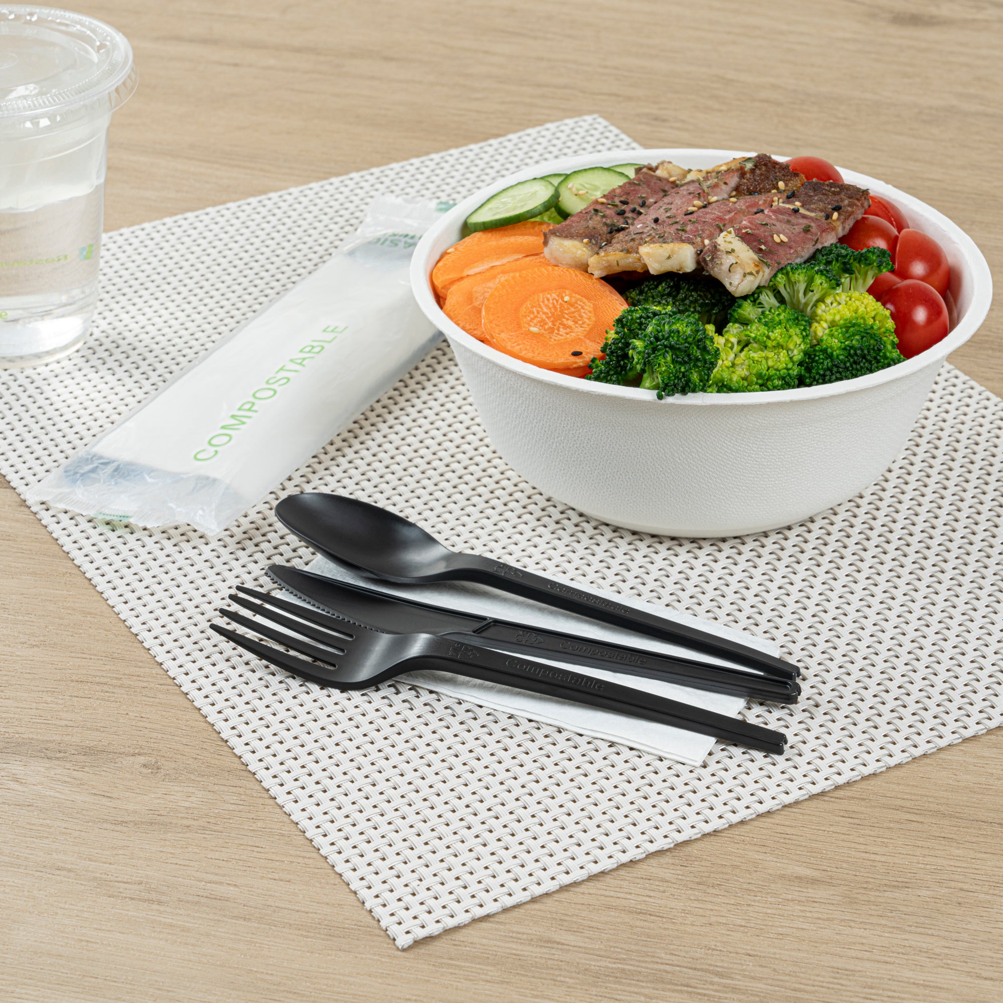 Eco-Friendly Black CPLA Plastic Cutlery Set - 100-Piece Compostable Utensils with Heat-Resistant Forks, Knives & Spoons | Includes Biodegradable Wrapper & White Napkins | Perfect for Parties, Picnics & Takeout Meals