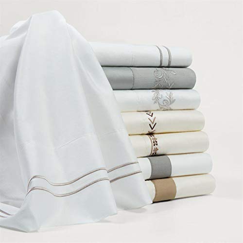 Premium 350 Thread Count Queen Sheet Set - 4 Piece White & Gray Flange Border Cotton Bedding (1 Flat Sheet, 1 Fitted Sheet, 2 Pillowcases) | Modern Luxury Bedroom Decor for Master Suite, Guest Room & Hotel Style Comfort