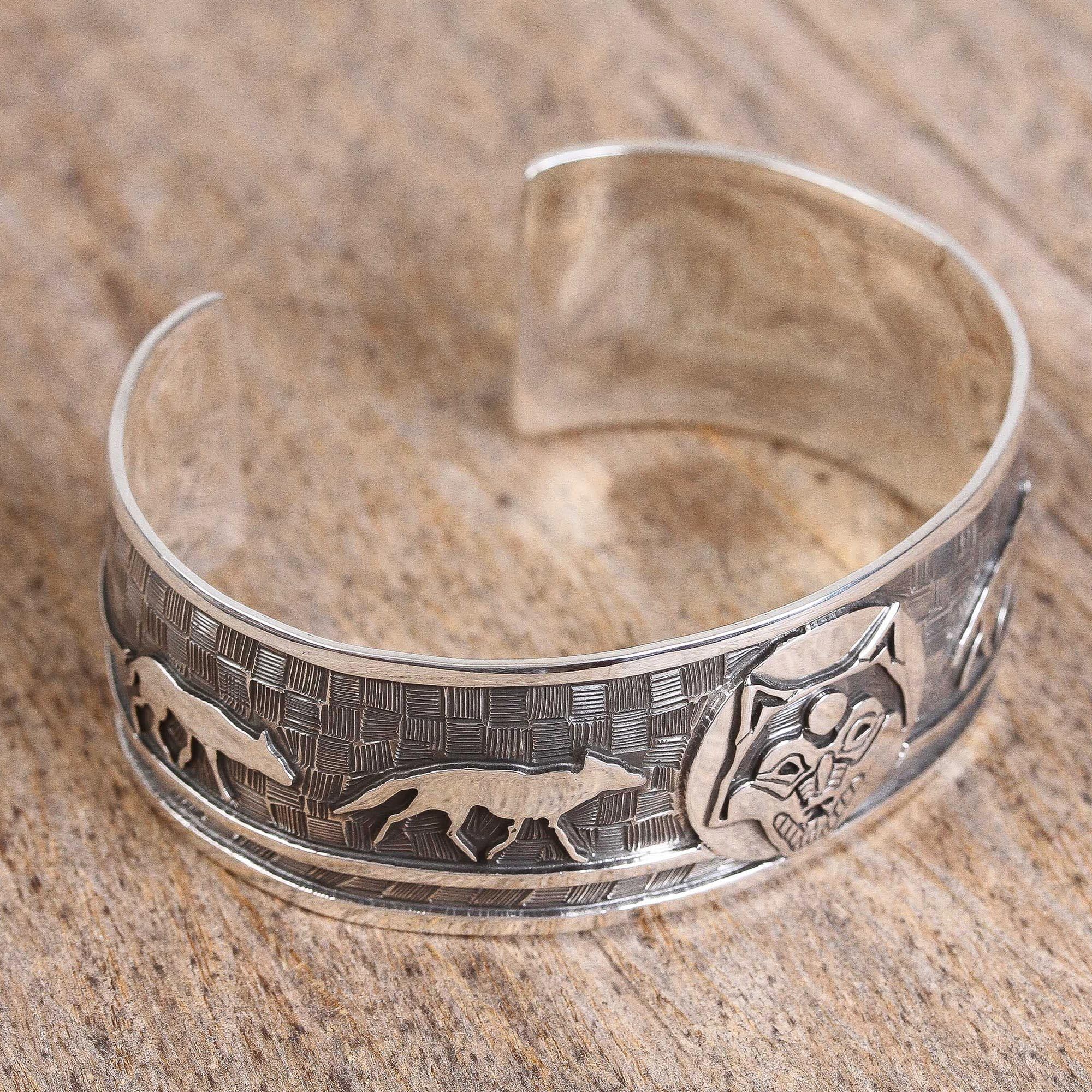 Handmade Sterling Silver Cuff Bracelet - Taxco Wolf Design from Mexico - Animal Themed Jewelry - 6.5 Inch Length - Perfect for Boho Fashion & Gift Giving