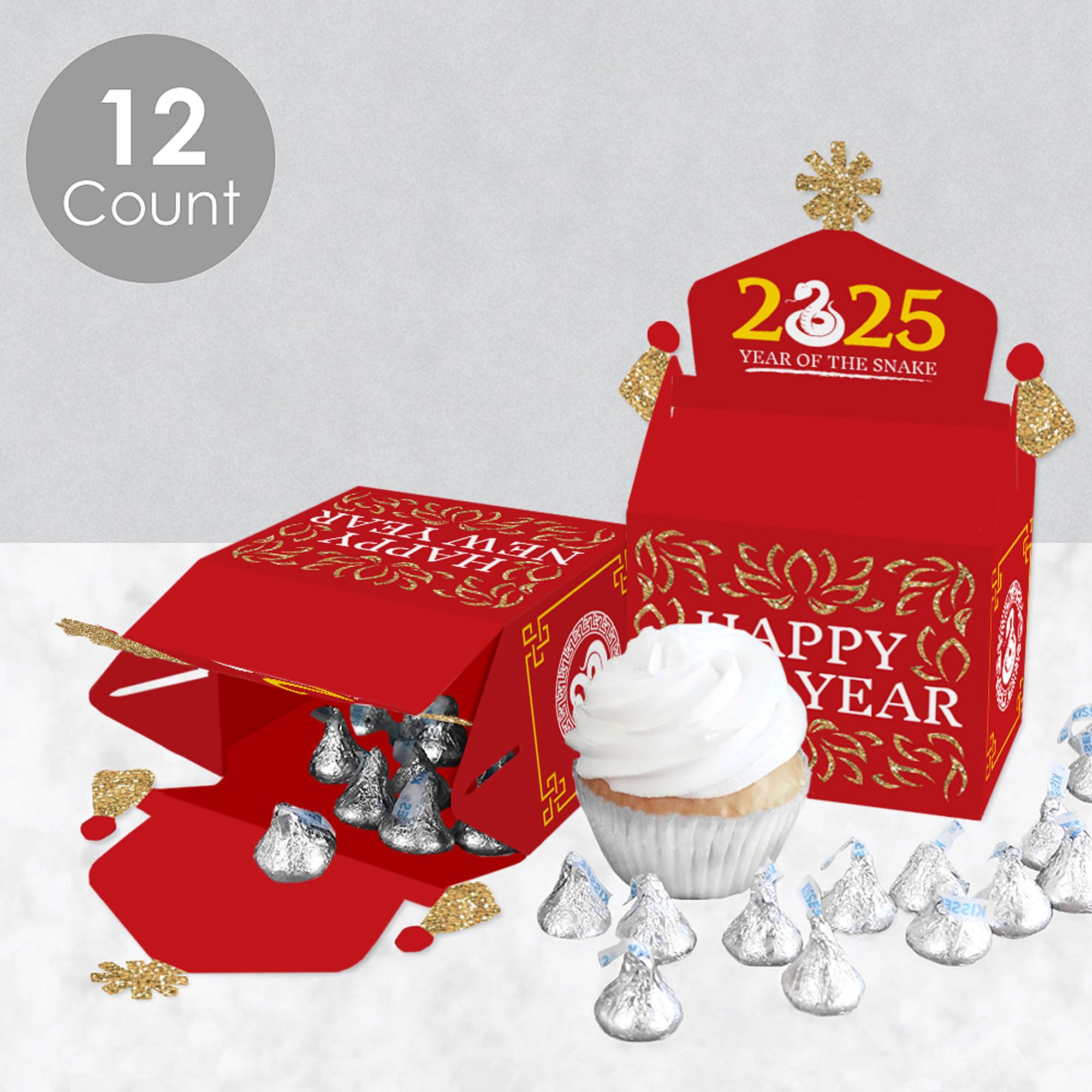 Chinese New Year 2025 Year of the Snake Treat Box Party Favors - 12 Pack Goodie Gable Boxes for Lunar New Year Celebrations, Office Parties & Festive Gift Giving