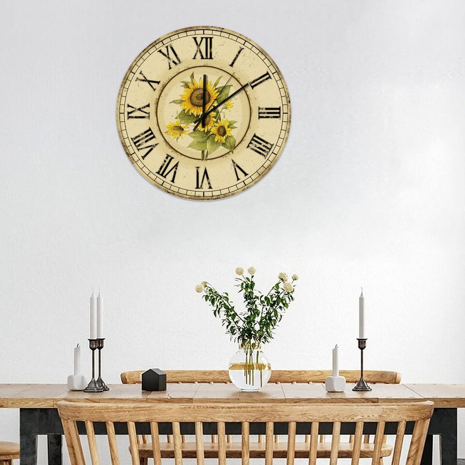 15 Inch Farmhouse Round Wood Wall Clock with Sunflower Floral Design - Silent Non-Ticking Battery Operated Roman Numerals Clock for Home, Office, Classroom, School, Club & Bar Decor | Perfect Rustic Wall Art for Living Room, Kitchen & Bedroom