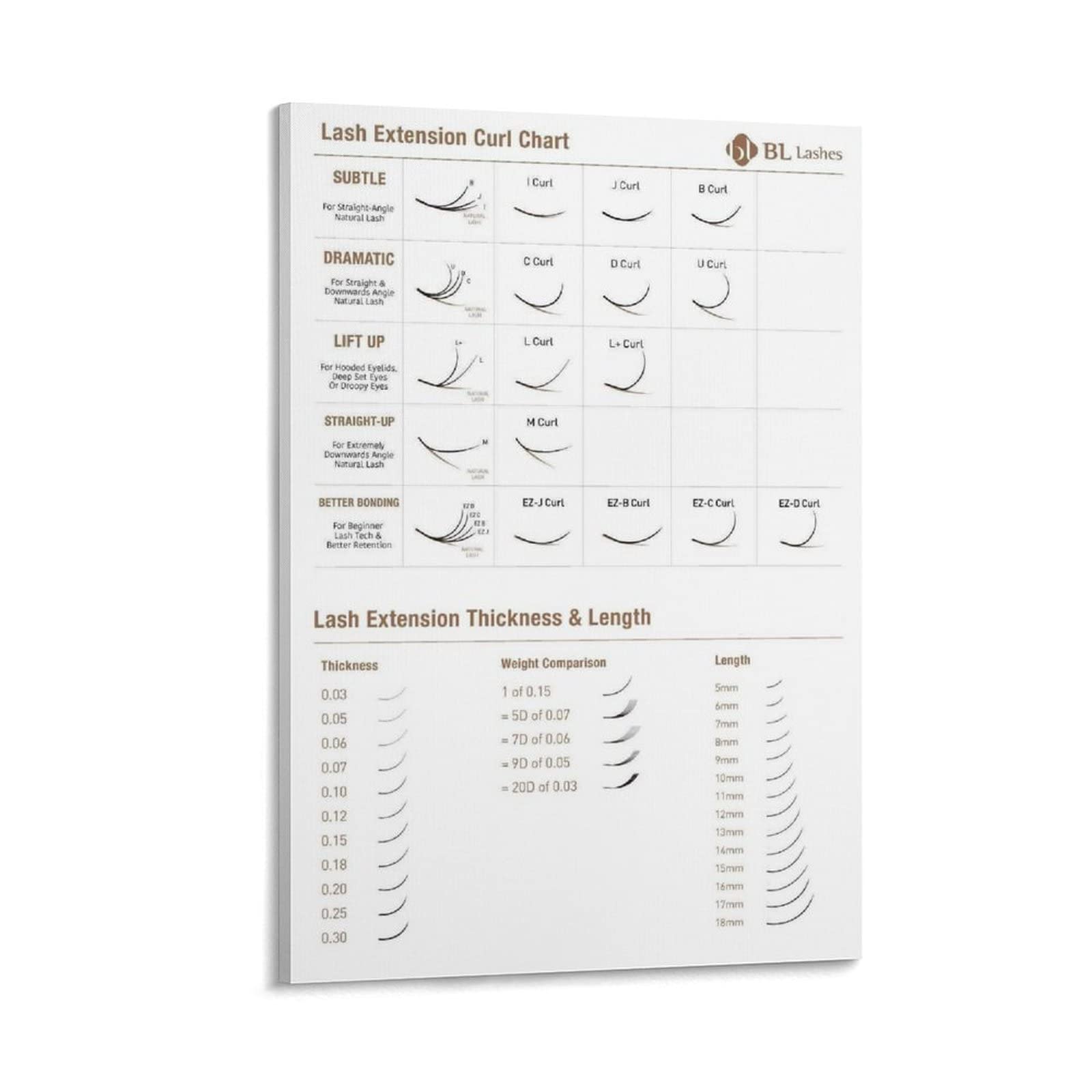 Professional Lash Extension Chart Poster - Curl Types, Thickness & Length Guide - 24x36 Inch (60x90cm) Beauty Salon Decor - Perfect for Lash Artists, Training & Salon Wall Art - Ideal for Bedroom, Living Room & Beauty Studio Decor