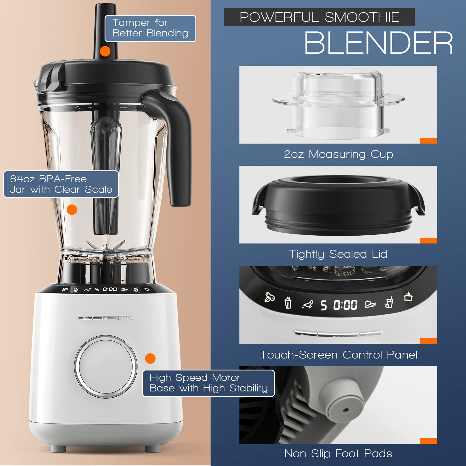 PETSITE Pro 1500W 64 Oz Countertop Blender - 10-Speed Adjustable Commercial Blender for Smoothies, Shakes & Food Prep - Smart Timer & Touch Control Panel - Perfect for Home Kitchen, Restaurants & Juice Bars