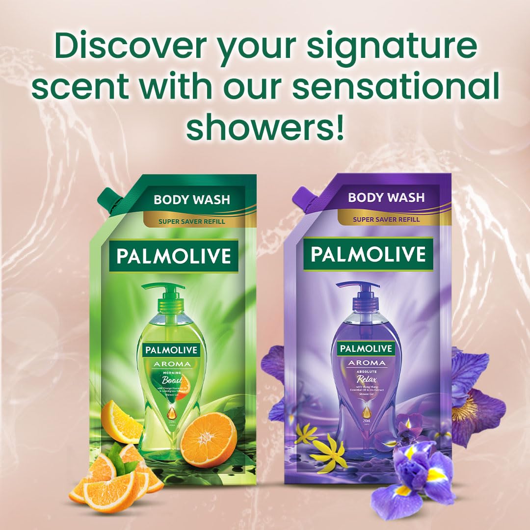 Palmolive Aroma Morning Boost Body Wash for Women & Men - 750ml Shower Gel Refill Pack with 100% Natural Citrus Essential Oil & Lemongrass Extracts | pH Balanced, Paraben & Silicone Free | Energizing Morning Shower for Soft, Smooth Skin | Perfect for Daily Use at Home, Gym, or Travel