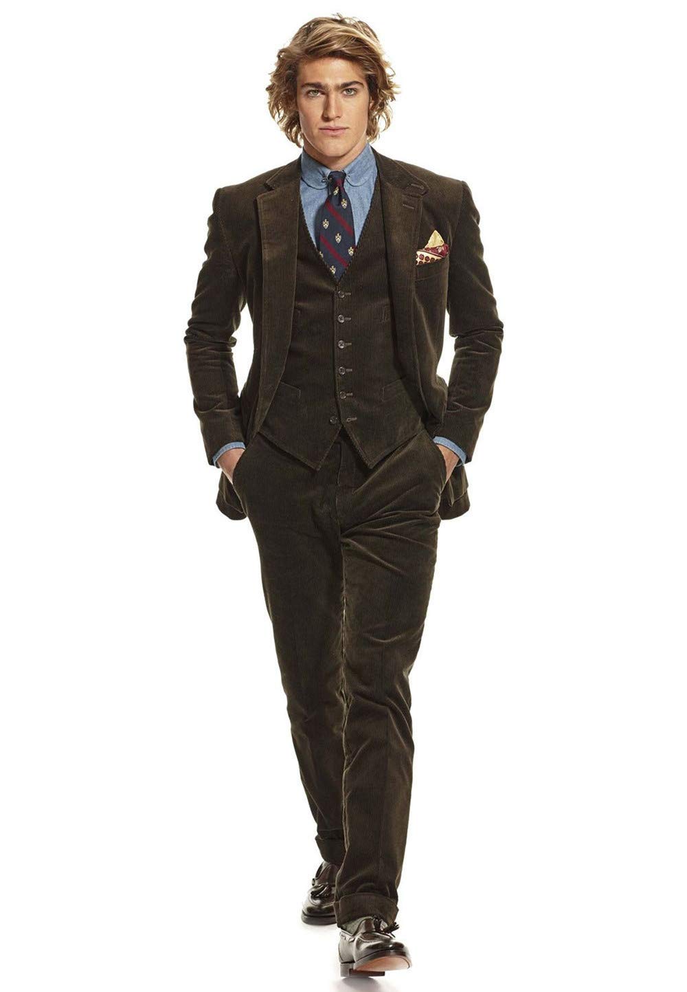 Men's 3-Piece Slim Fit Corduroy Suit Set - Dark Chocolate Brown Tuxedo Jacket, Vest & Pants for Prom, Wedding & Formal Events