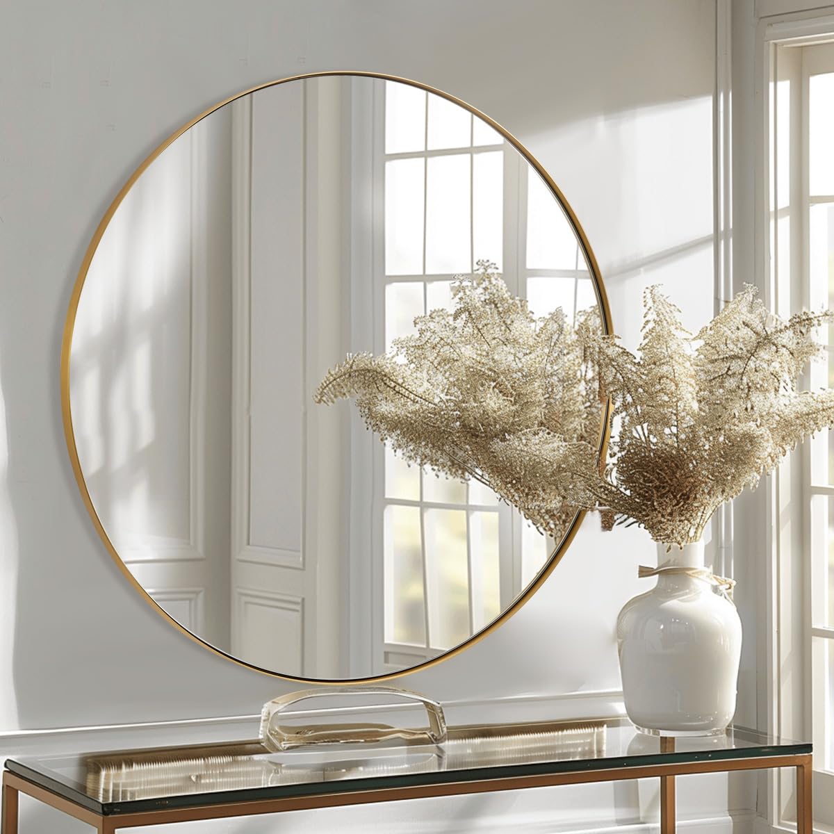 ANDY STAR 30'' Round Gold Wall Mirror - Brushed Brass Frame, Stainless Steel Metal, Modern Bathroom Living Room Bedroom Decor - Perfect for Vanity, Entryway, and Home Styling