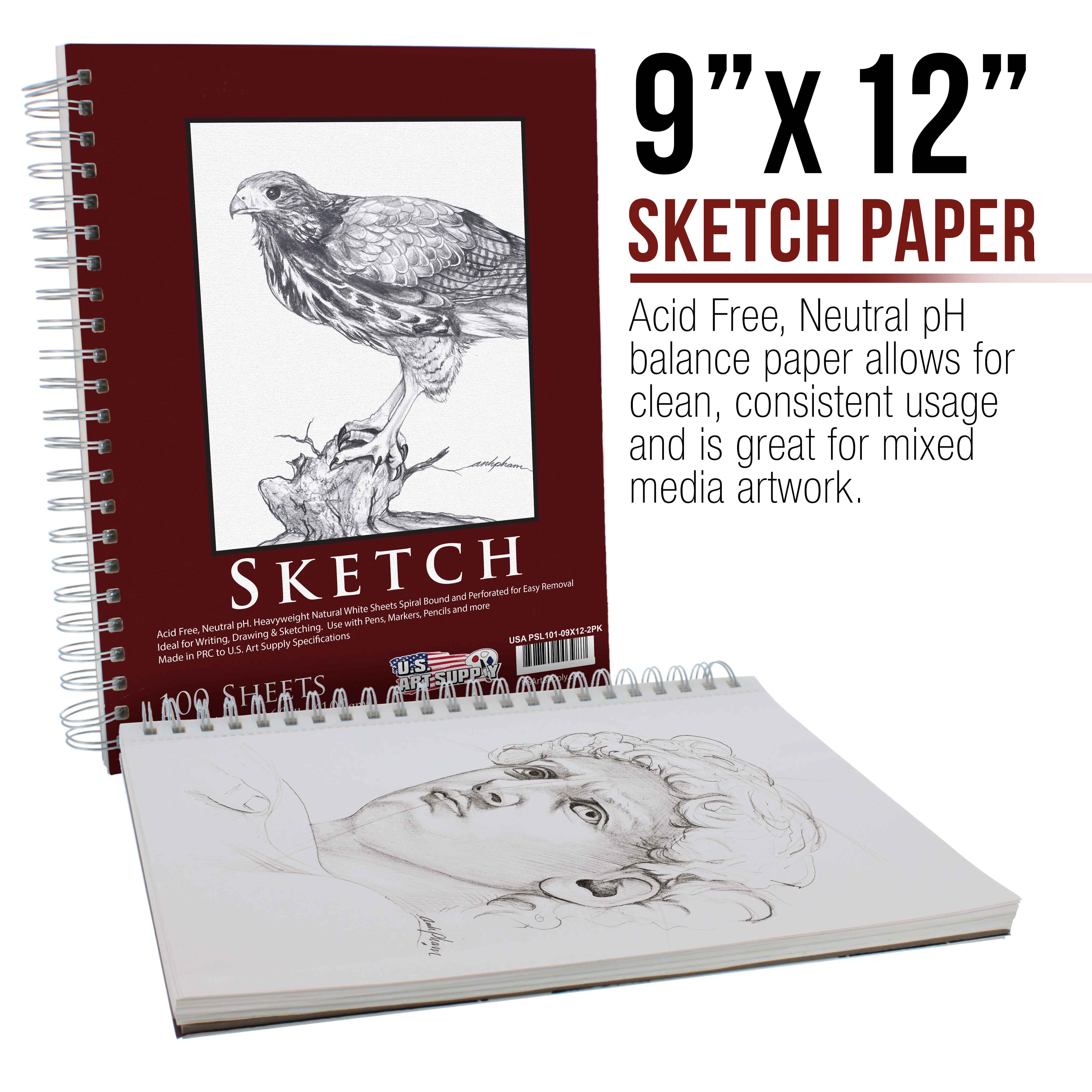 Premium 9x12 Sketch Book Pad, 2-Pack (100 Sheets Each) - 60lb (100gsm) Spiral Bound Acid-Free Drawing Paper for Artists & Students - Perfect for Sketching, Charcoal, Colored Pencils - Ideal for Art Classes, Studio Work & Creative Projects