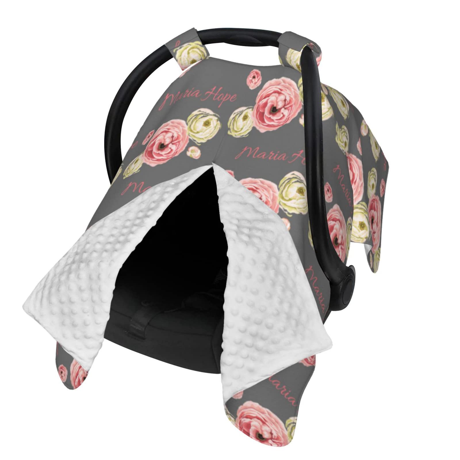 Custom Personalized Pink & Yellow Rose Baby Car Seat Canopy with Name - Floral Multi-Use Blanket for Girls, Minky Nursing & Breastfeeding Stroller Cover - 27.5