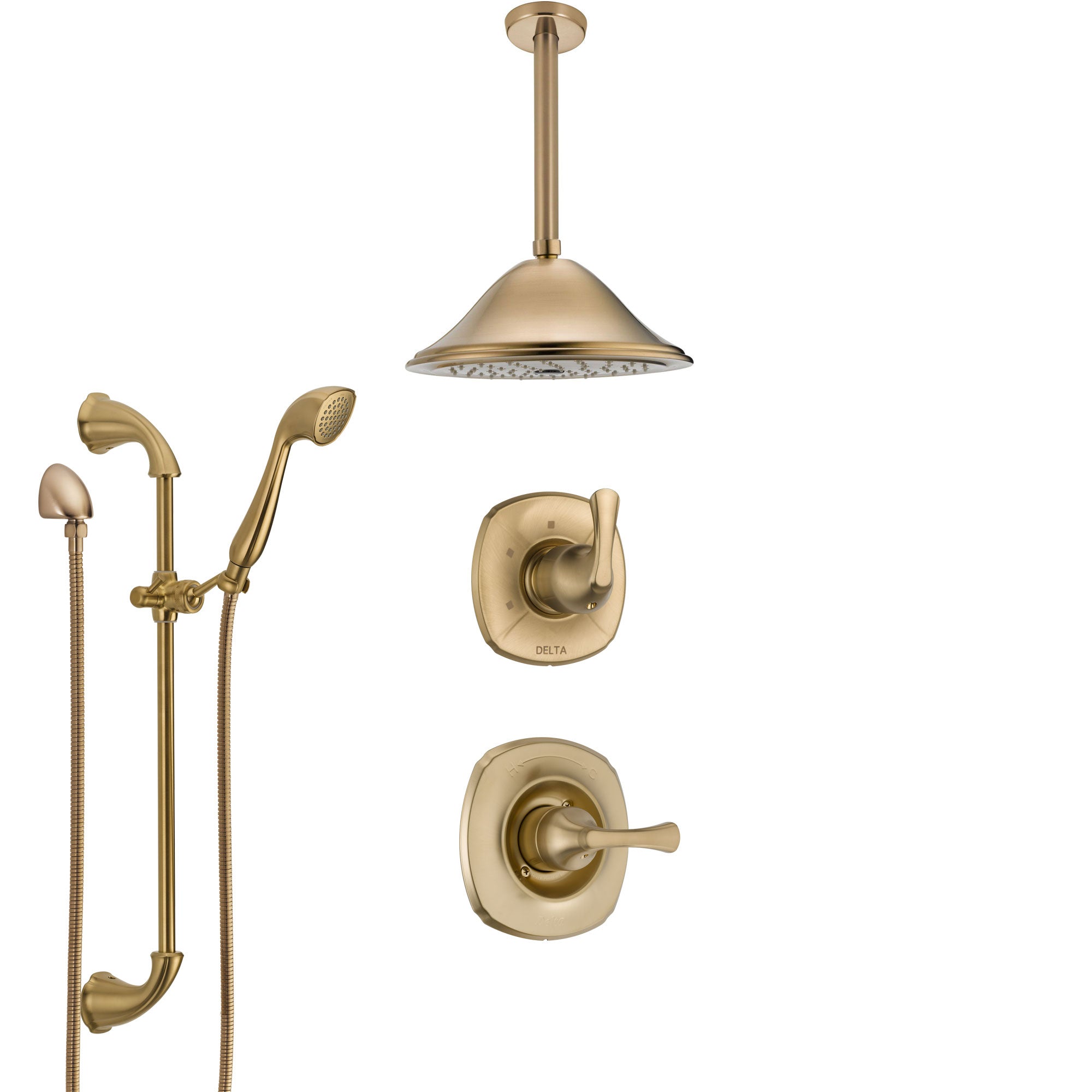 Delta Addison Champagne Bronze Shower System with Control Handle, Diverter, Ceiling Mount Showerhead & Hand Shower with Slide Bar SS1492CZ3 - Luxury Bathroom Upgrade for Spa-Like Experience