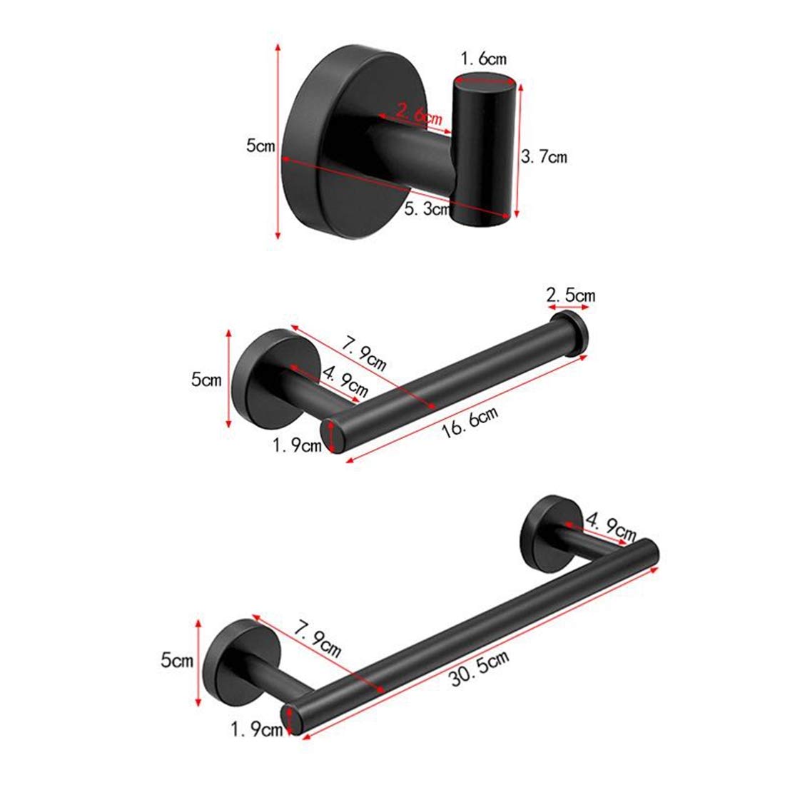 Premium Stainless Steel Bathroom Accessories Set - Towel Bar, Hook & Toilet Paper Holder (3-Piece, Black KB-TS-01) for Modern Bathroom Organization & Spa-Like Experience