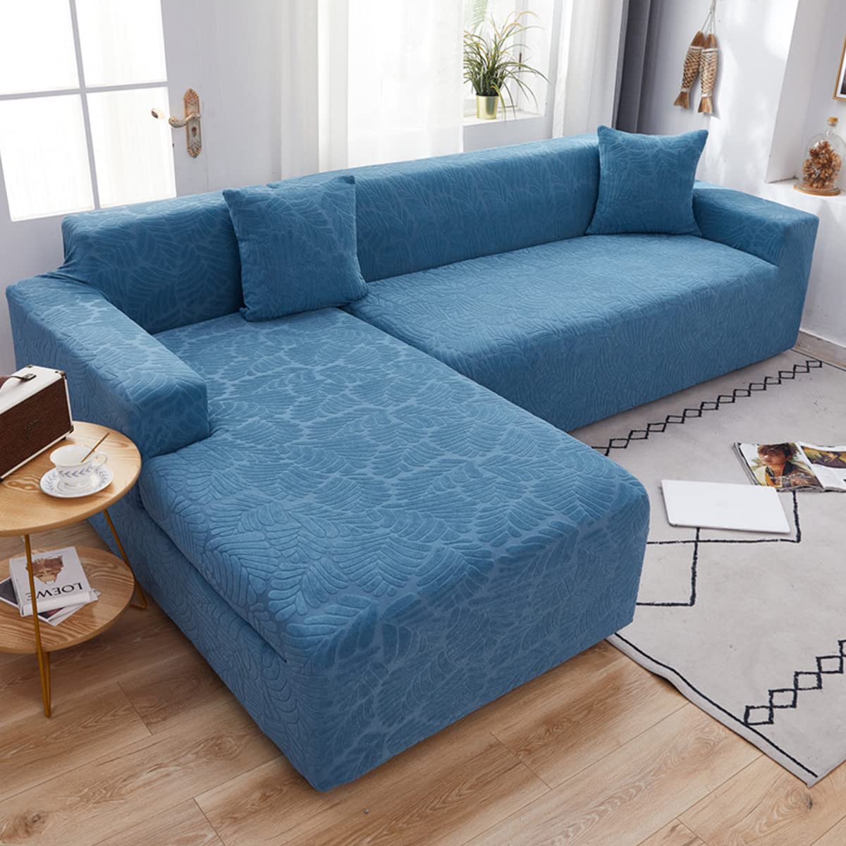 3+3 Seat Velvet Stretch Sofa Cover - 2 Piece Plush Sofa Protector for L-Shaped Sectional Couch in Kong Blue | Soft, Durable & Washable | Perfect for Living Room, Family Room & Home Theater
