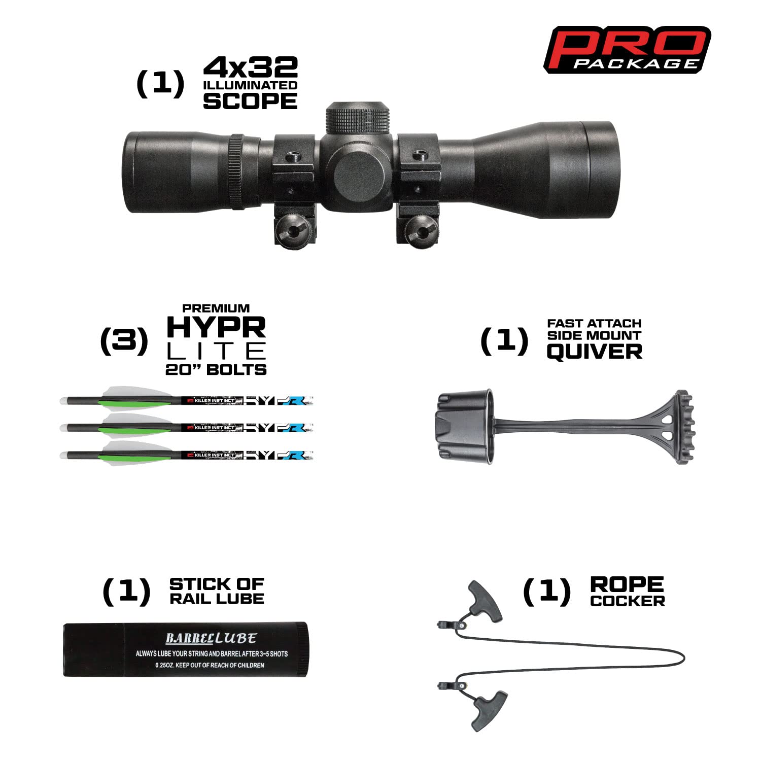 KILLER INSTINCT Boss 405 Crossbow Pro Package with 4x32 IR-W Scope, Rope Cocker, String Suppressors, 3-Bolt Quiver, 3 Hypr Lite Bolts & Field Tips - Hunting Gear for Deer, Target Practice & Outdoor Sports