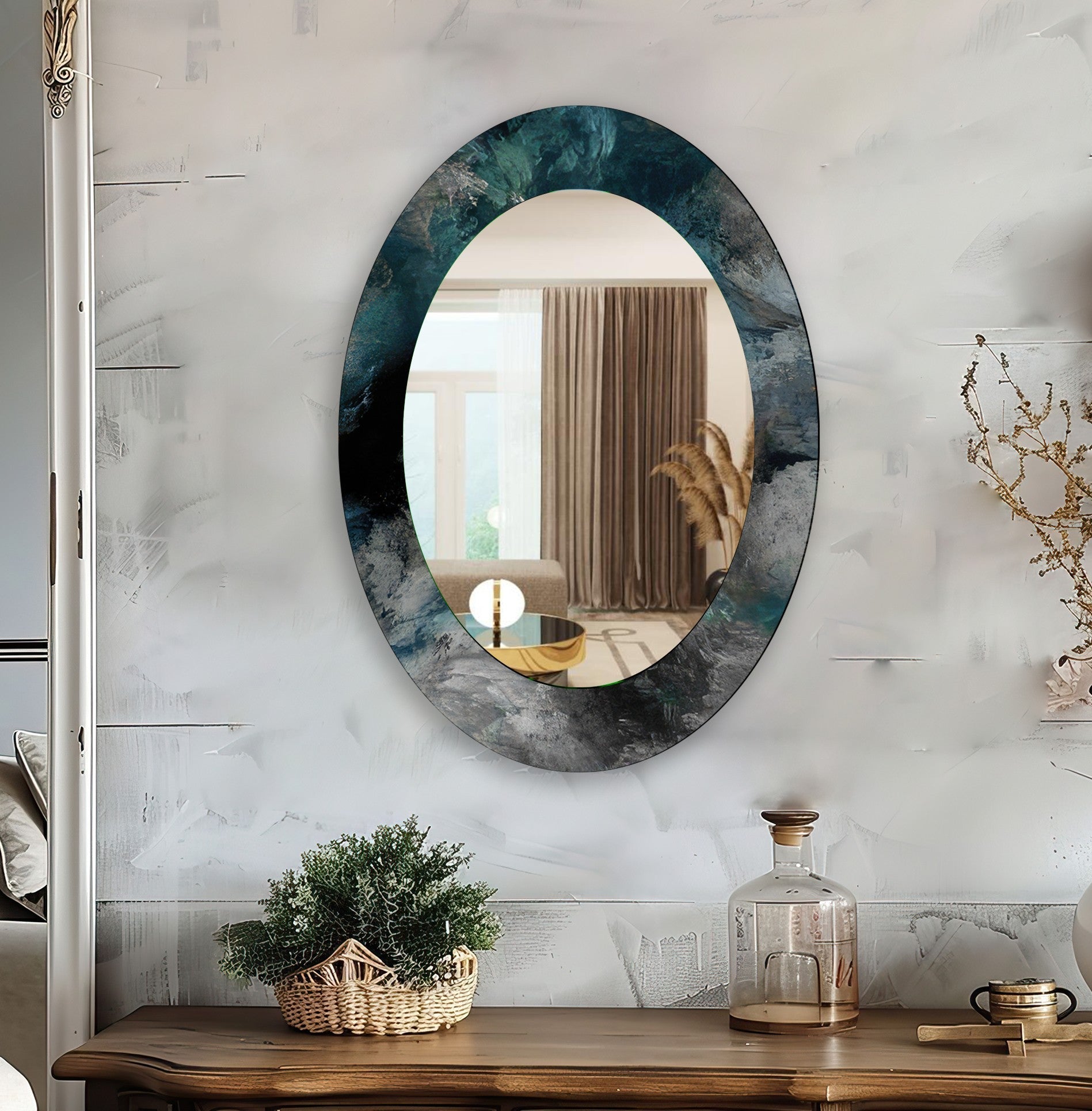 Abstract Oval Wall Mirror - Modern Decorative Mirror for Living Room, Bedroom, Entryway - Gold & Black Framed Wall Art for Home Decor