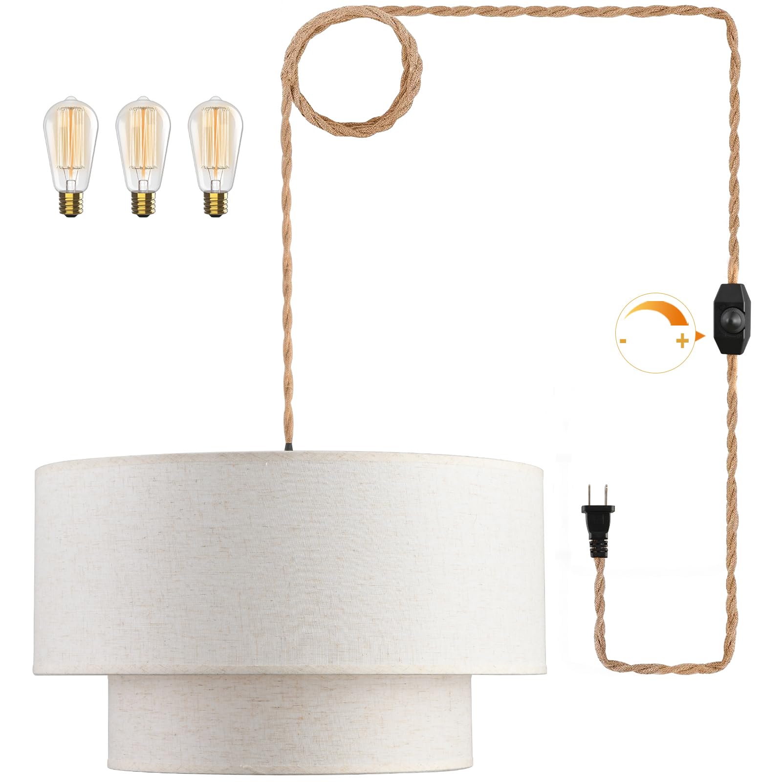 2-Tier Drum Linen Plug-in Pendant Light with 15ft Hemp Rope & Dimmable E26 Switch - 20