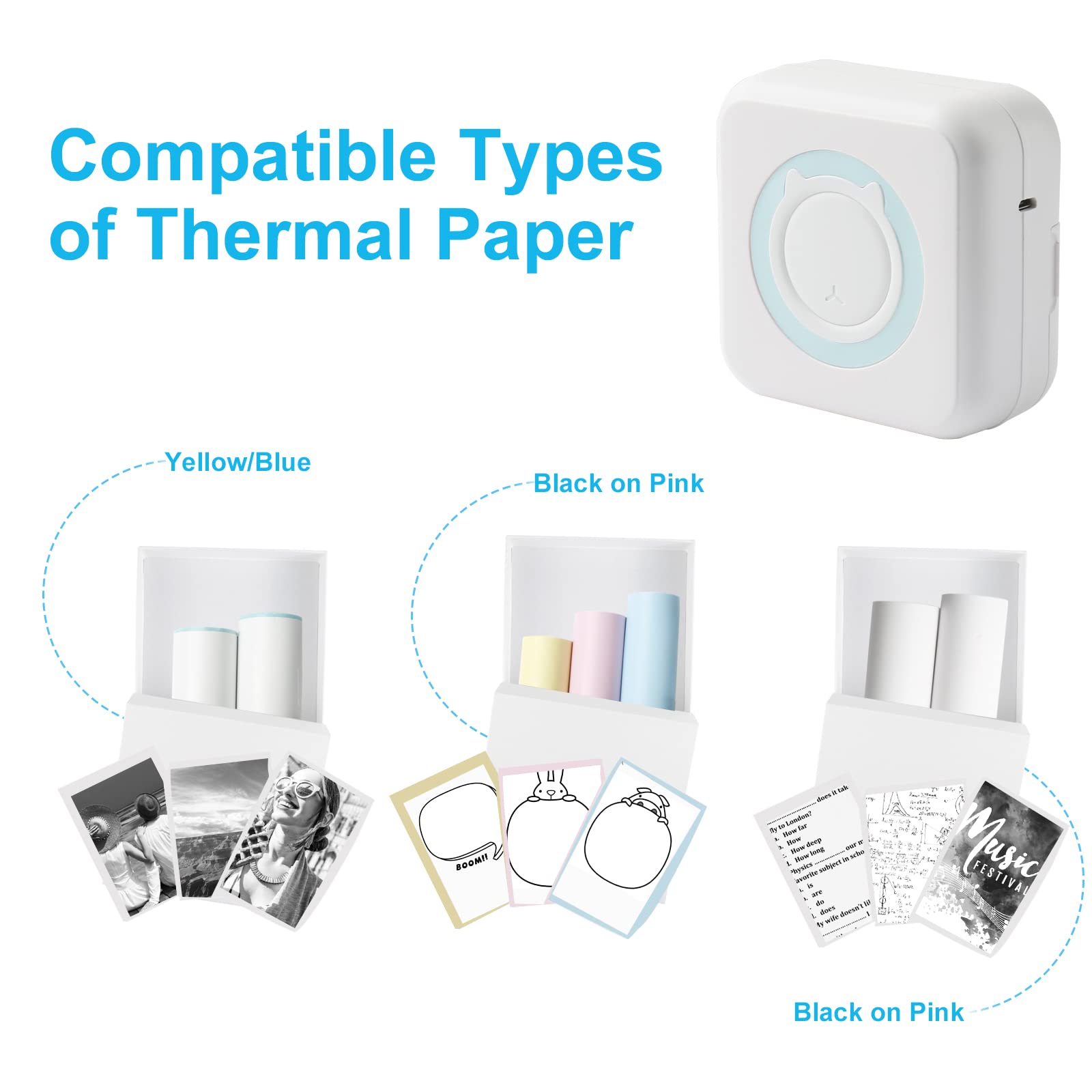 Mini Portable Inkless Thermal Printer - Wireless Bluetooth Pocket Printer for iOS & Android with 7 Paper Rolls | Print Photos, Labels & Memos | Perfect for Home, Office & Travel Organization