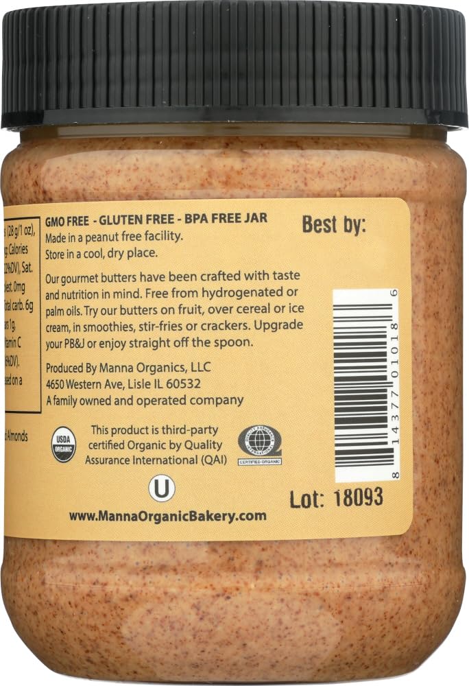 Organic Amaretto Almond Butter by MANNA ORGANICS - 12 oz Jar | Gluten-Free, Non-GMO, Vegan Spread for Toast, Smoothies & Baking | Healthy Snack & Breakfast Topping