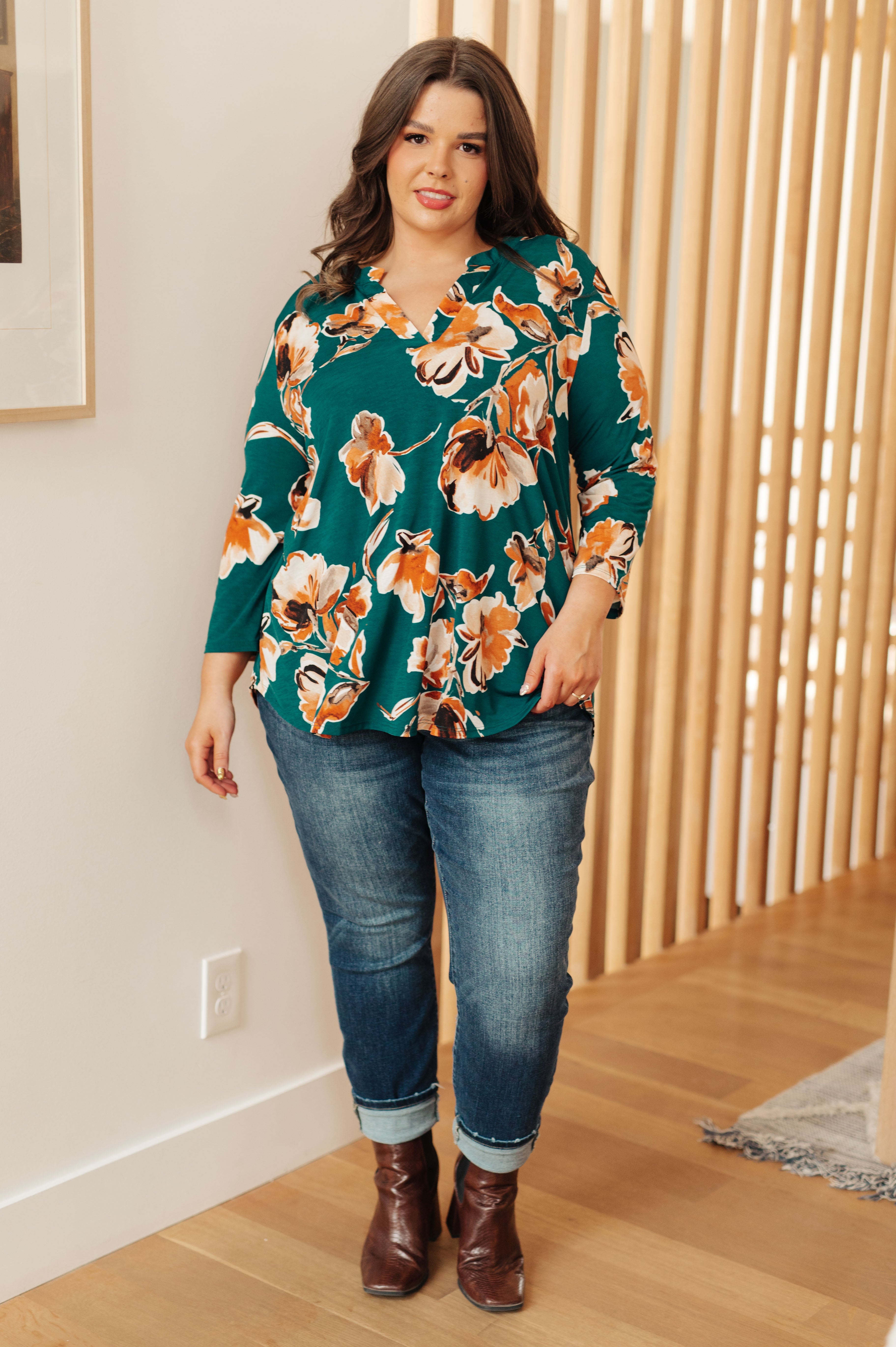 Stylish Teal Floral Print Women's Top - Trendy I Think Different Blouse for Casual Wear & Summer Outfits