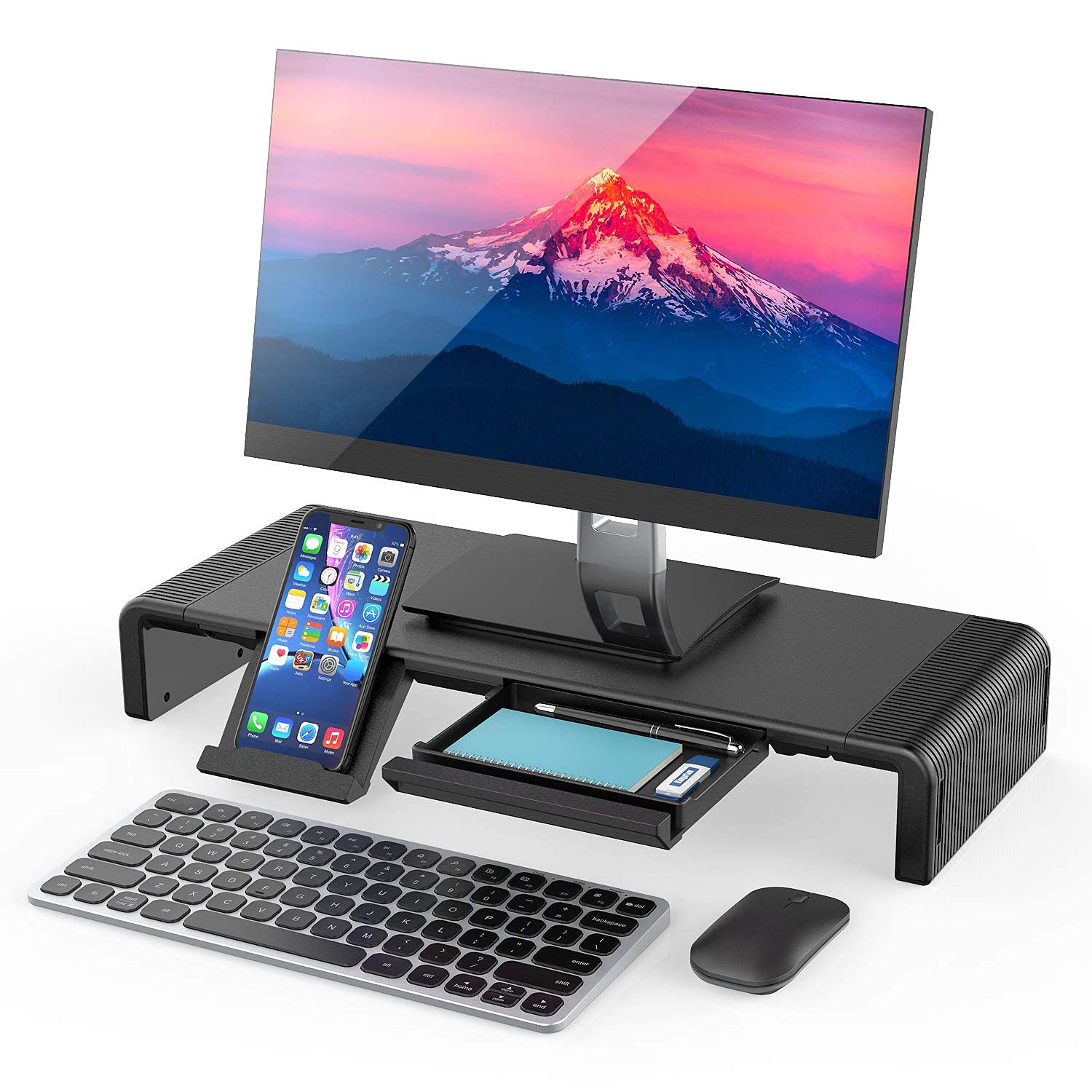 Foldable Computer Monitor Stand with Storage Drawer & Phone Holder - Space-Saving Desktop Riser for Office, Home, and Gaming Setup (Black)