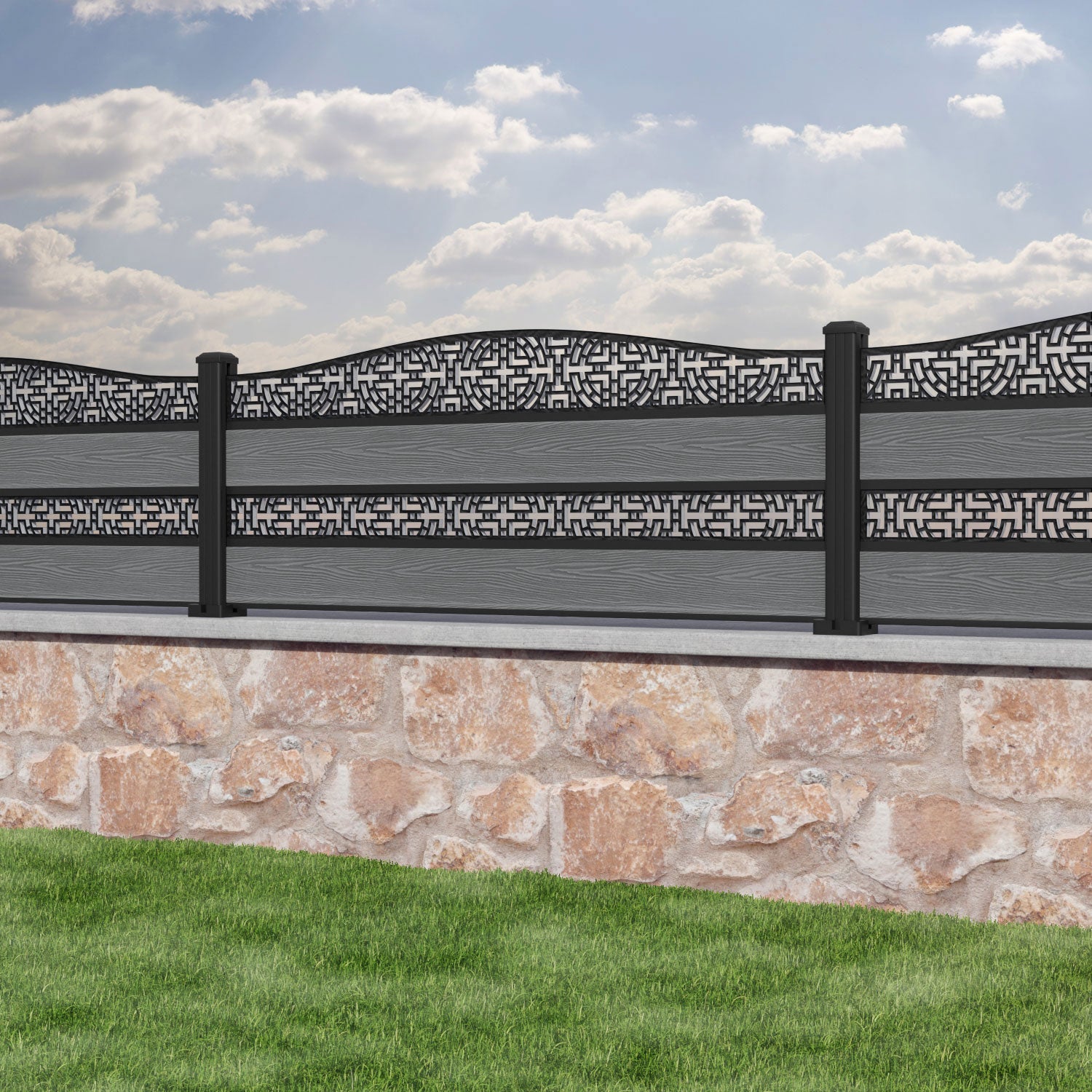 Classic Kumo Curved Top Split Screen Fence Panel - Mid Grey - with Aluminum Posts | Privacy Fencing for Backyard, Garden & Patio | Weather-Resistant Outdoor Decor