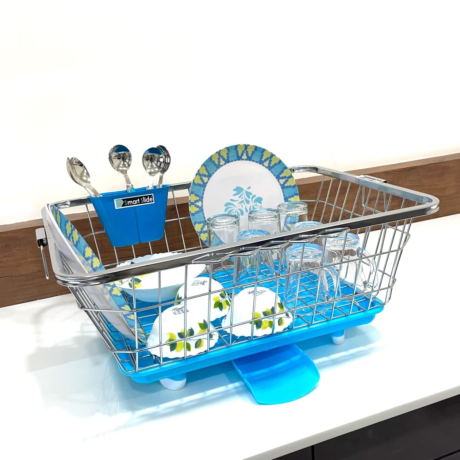 SmartSlide Stainless Steel Utensil Basket & Dish Drainer with Tray - Kitchen Sink Organizer, Spoon Holder & Drying Rack for Dishes, Cutlery & Cookware - Perfect for Countertop, RV, Small Spaces & Dishwashing Stations