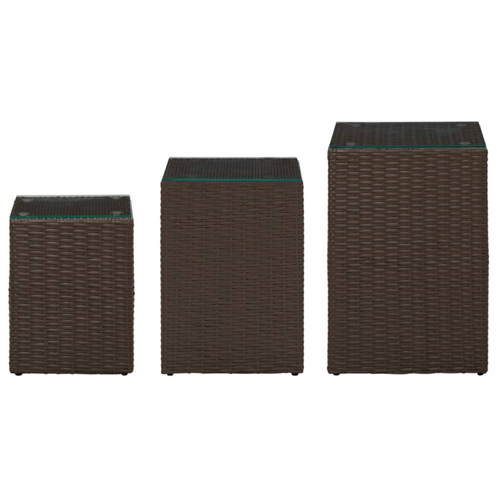 3-Piece Brown Poly Rattan Side Tables with Glass Top - Console Table, Coffee Table, End Table - Perfect for Living Room, Study, Bedroom & Hallway Decor