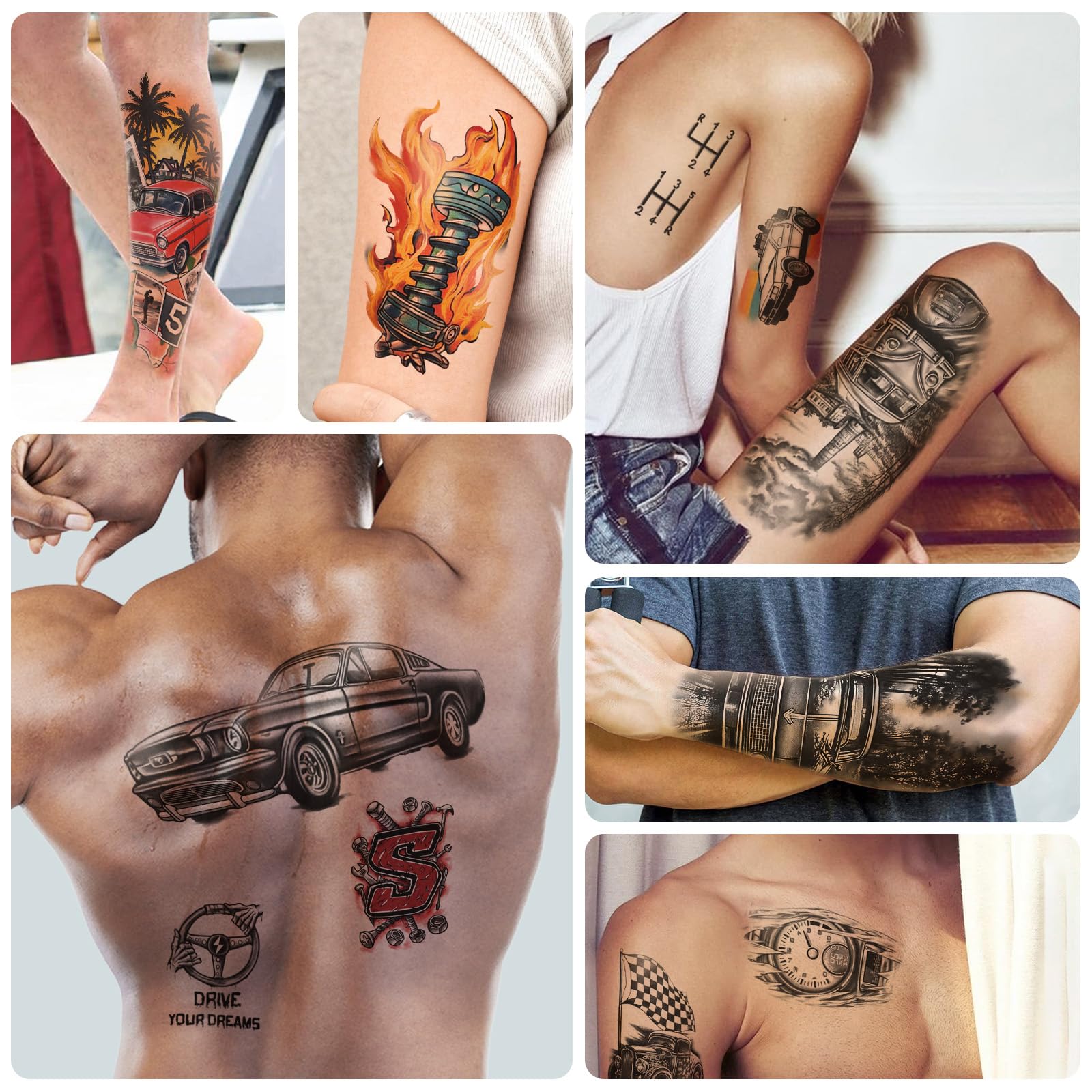 77 Sheets Realistic Car Temporary Tattoos for Adults & Kids - Waterproof Fake Tattoo Stickers (17 Half Arm Race Car + 60 Black Holiday Truck Designs) - Perfect for Parties, Halloween, Cosplay & Car Enthusiasts