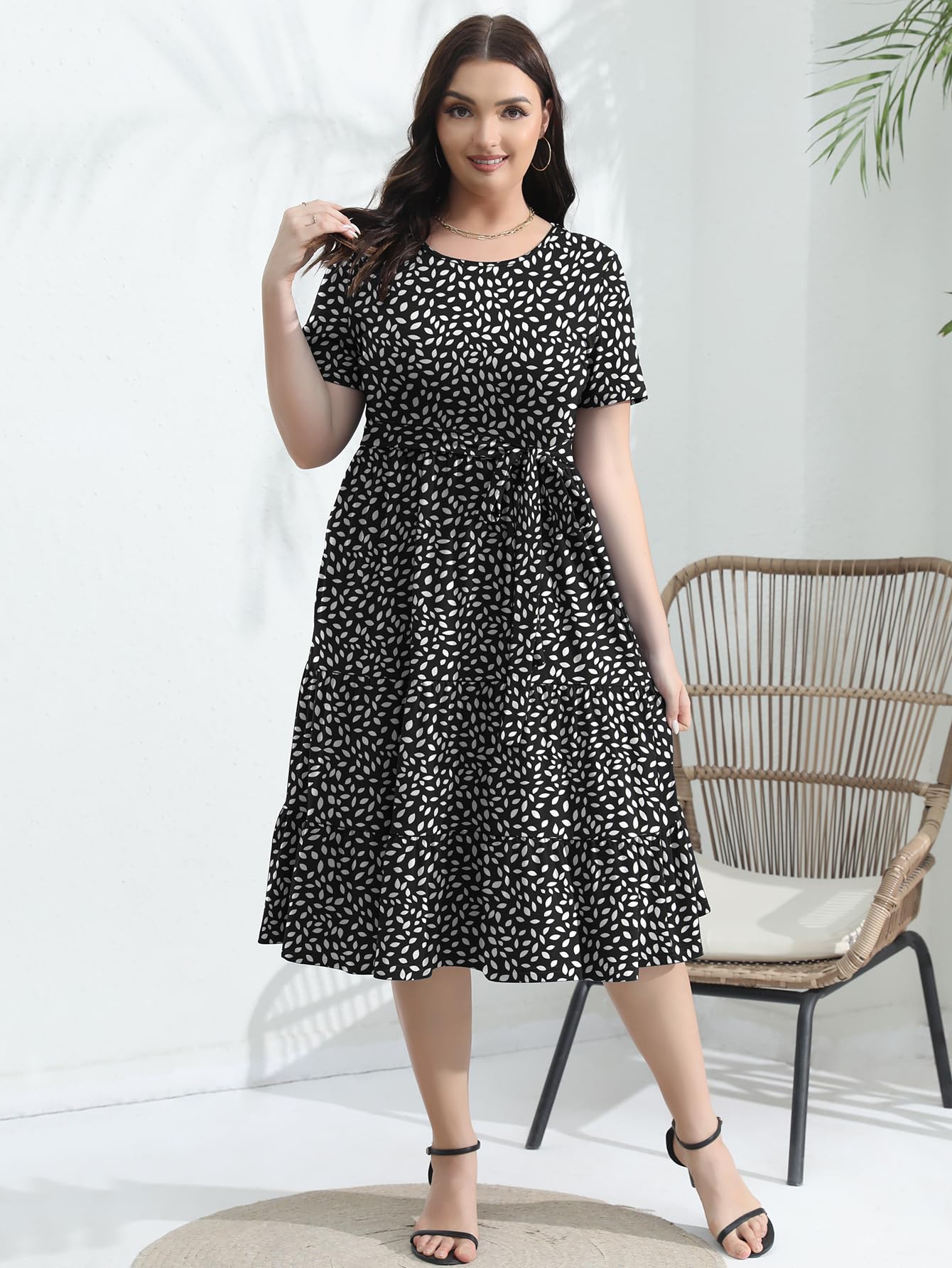 Elegant Plus Size Floral Midi Dress for Women 2025 - Tiered Flowy Modest Wedding Guest Dress with Belt & Pockets | Perfect for Bridal Showers, Garden Parties & Formal Events