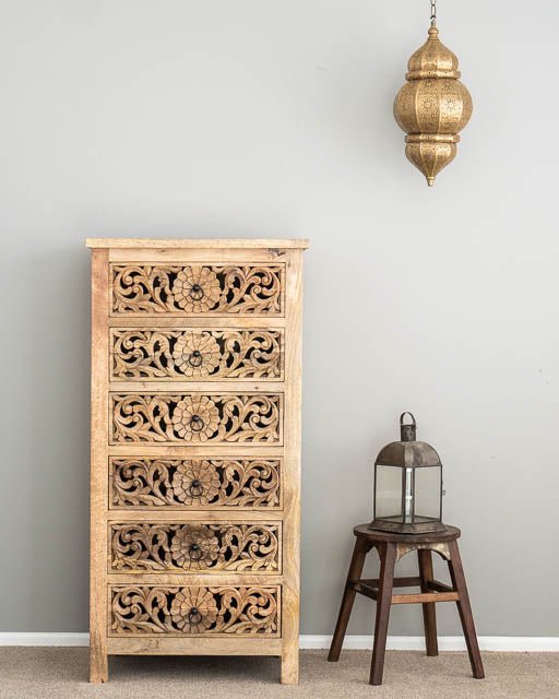 Hand Carved Indian Flower Dresser - Solid Wood Tallboy Chest with 6 Drawers | Vintage Boho Bedroom Furniture for Storage & Organization