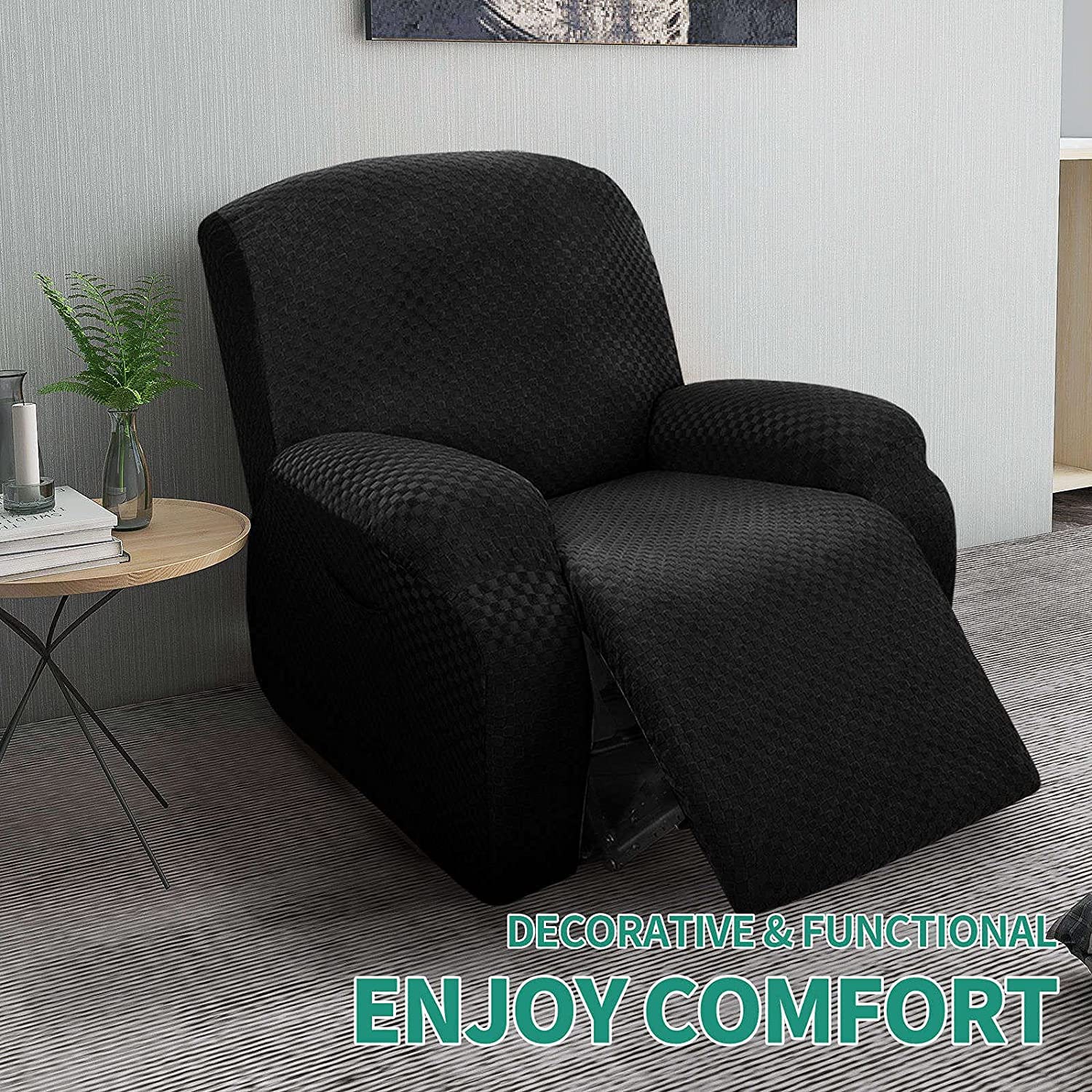 Soft Jacquard Stretch Recliner Slipcover with Side Pockets & Non-Slip Elastic Bottom - Breathable Reclining Chair Cover for Living Room Armchairs & Couches (Black, Recliner Size) - Perfect for Home Theater, Reading Nook & Lounge Relaxation