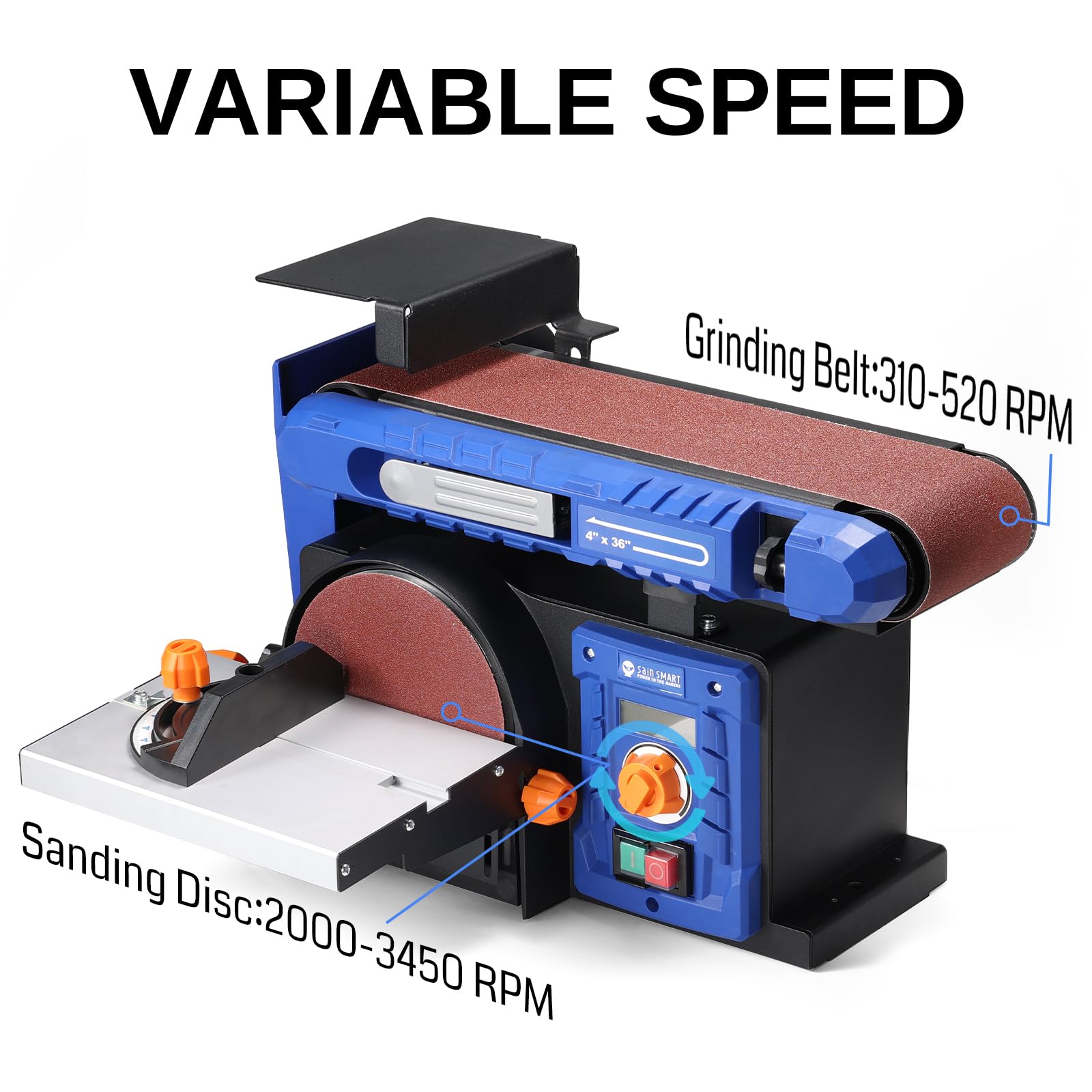 SainSmart 4x36 Inch Belt & 6 Inch Disc Sander Combo - Adjustable Speed up to 3450 RPM, Benchtop Sanding Machine with Full Copper Motor, 0-90° Belt & 0-45° Tilting Worktable, Dust Collection Port - Perfect for Woodworking, Metal Polishing, and DIY Projects