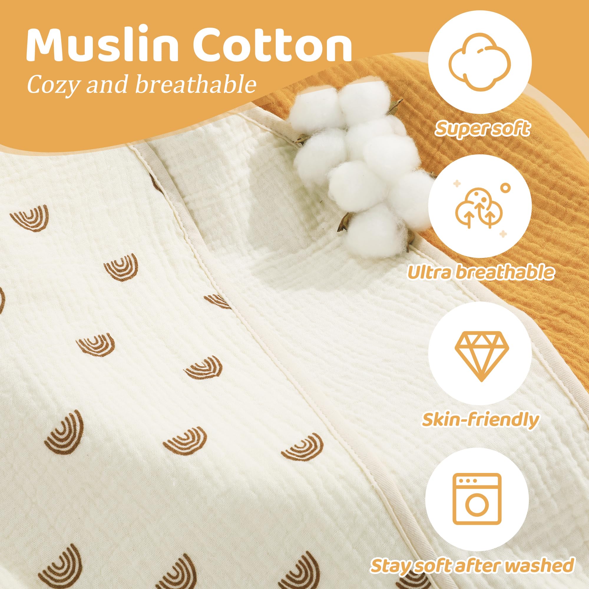 HOMBYS Washable Waterproof Baby Changing Pad Cover - 100% Cotton Muslin Changing Table Pad Liner (3 Pack, Cream White/Ginger/Rainbow) for Nursery, Diaper Changing Station & Travel