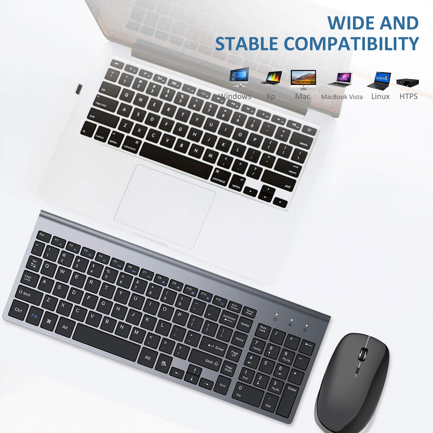 2.4G Wireless Keyboard and Mouse Combo - Ergonomic Full-Size USB Keyboard with Silent Mouse for PC, Laptop, Windows & Mac - Black & Grey - Perfect for Office, Home & Gaming Use