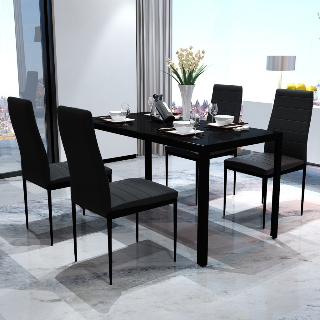 Modern 5-Piece Black Dining Table Set with Tempered Glass Top & 4 Faux Leather Chairs - Kitchen & Dining Room Furniture for Small Spaces | Perfect for Family Meals, Dinner Parties & Everyday Use