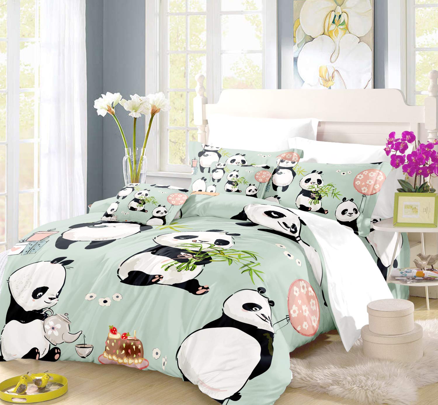 REALIN Cartoon Panda Duvet Cover Set - Soft Microfiber Bedding for Kids with Cute Pink Panda & Colorful Balloons Design (3/4PCs Includes Quilt Cover, Sheets & Pillow Shams) | Perfect for Boys & Girls Bedroom Decor, Birthday Gifts & Nursery Room