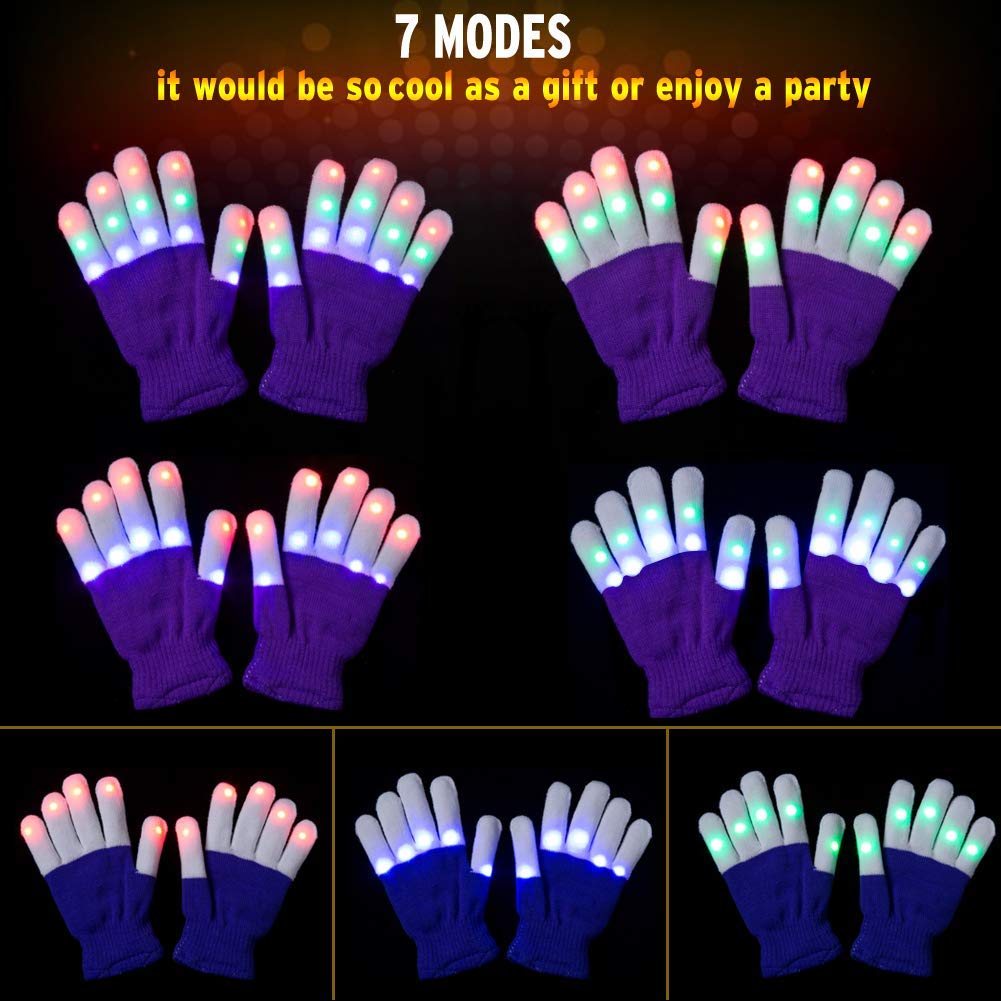 LED Light Up Gloves - Purple Flashing Finger Lights for Dance, Party, Rave & Christmas - Warm Glow with 4 Extra Batteries - Perfect for Night Events, Concerts, Halloween & Birthday Celebrations