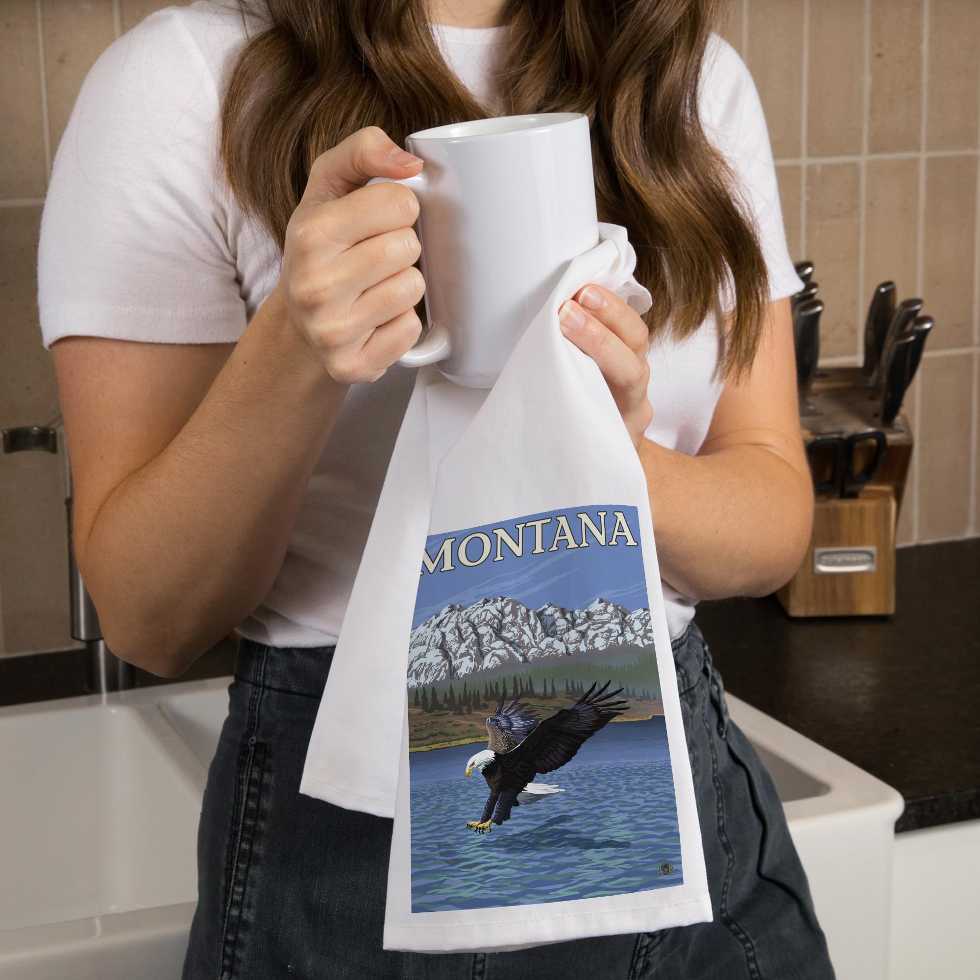 Lantern Press Bald Eagle Diving Cotton Tea Towel - 100% Premium Cotton Decorative Hand Towel for Kitchen & Home Decor | Perfect for Dish Drying, Gift Giving & Cabin Decor