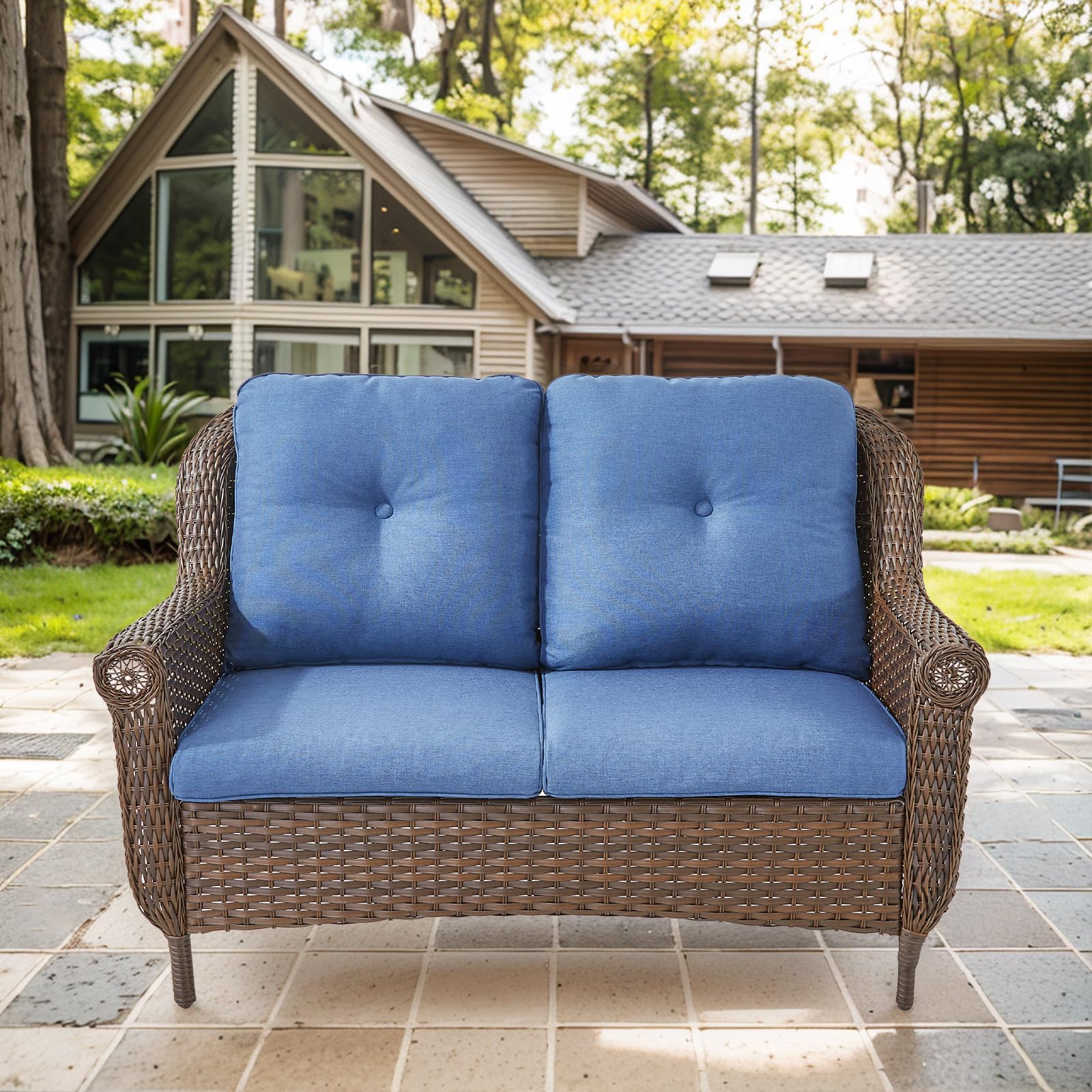 Brown Rattan Loveseat Outdoor Sofa with Water-Resistant Blue Cushions & Chrysanthemum Armrest - Patio Garden Balcony Backyard Poolside Furniture for Relaxing & Entertaining (1PC)