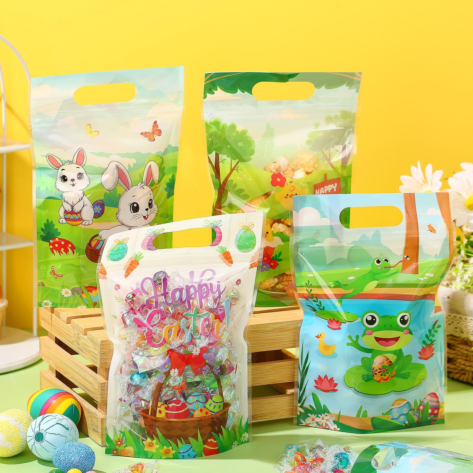 60 Pcs Easter Gift Bags - Plastic Tote Bags with Handles for Easter Eggs, Bunny Candy & Party Favors - Spring Easter Frog Chick Goodie Bags for Easter Egg Hunt, School Events & Spring Celebrations