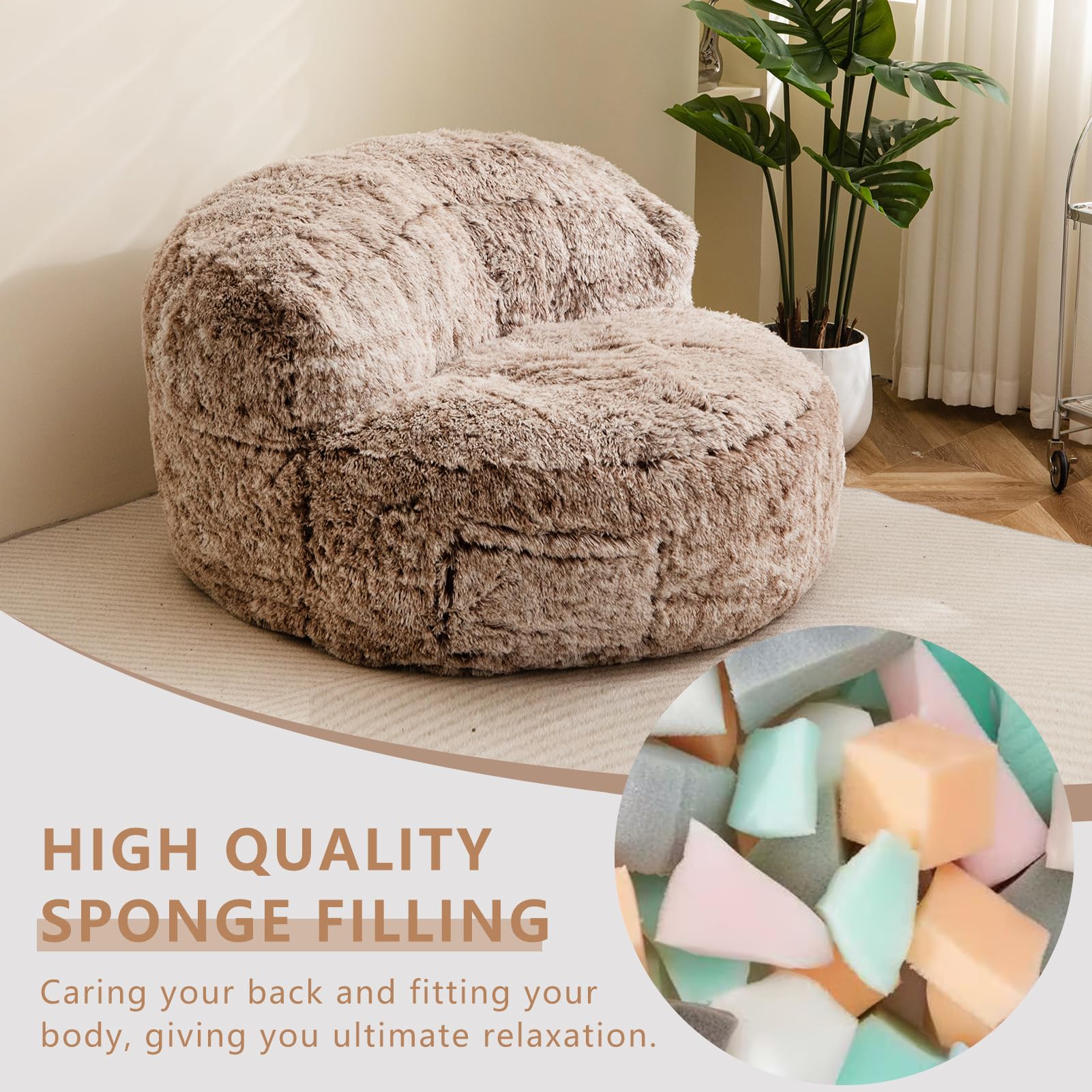 BYBYME Giant Faux Fur Bean Bag Chair - Large Bean Bag Couch with Filler for Adults, Oversized Lazy Sofa Accent Chair with Pocket - Perfect for Living Room, Bedroom, Game Room & Movie Nights
