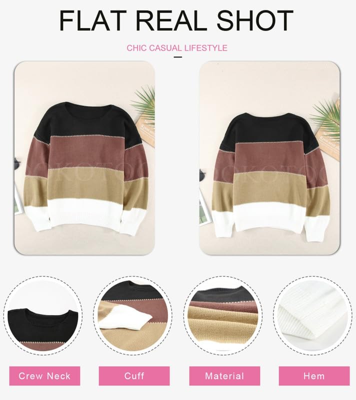 Dokotoo Women's Color Block Sweater Long Sleeve Crewneck Pullover Knit Jumper Top - Casual Winter Fashion for Office, Dating & Holiday Outfits