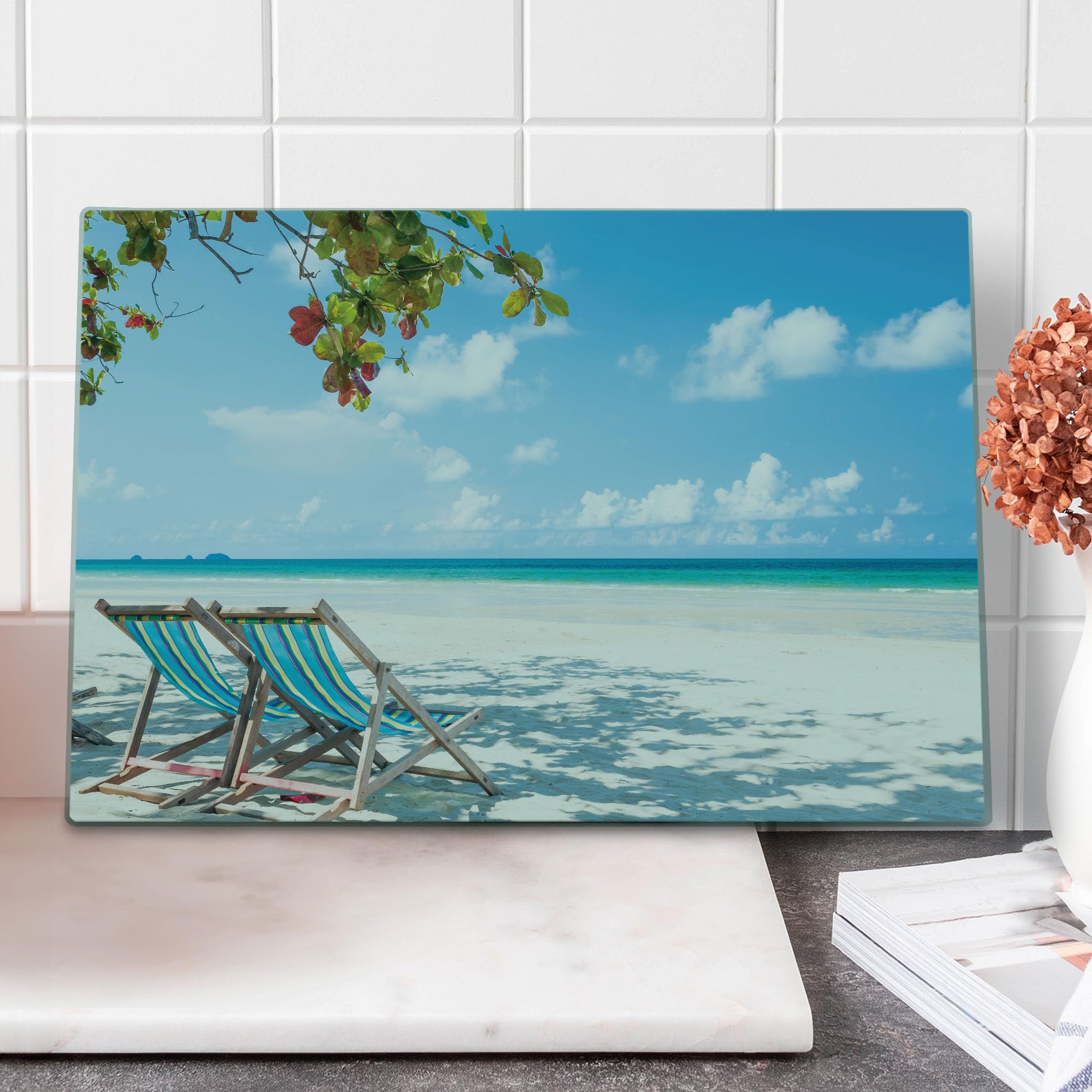 Lunarable Seaside Tempered Glass Cutting Board - Large Turquoise Blue Decorative Serving Board with Beach Chairs Under Tree Shade Design | Perfect for Kitchen Prep, Charcuterie Display & Coastal-Themed Home Decor