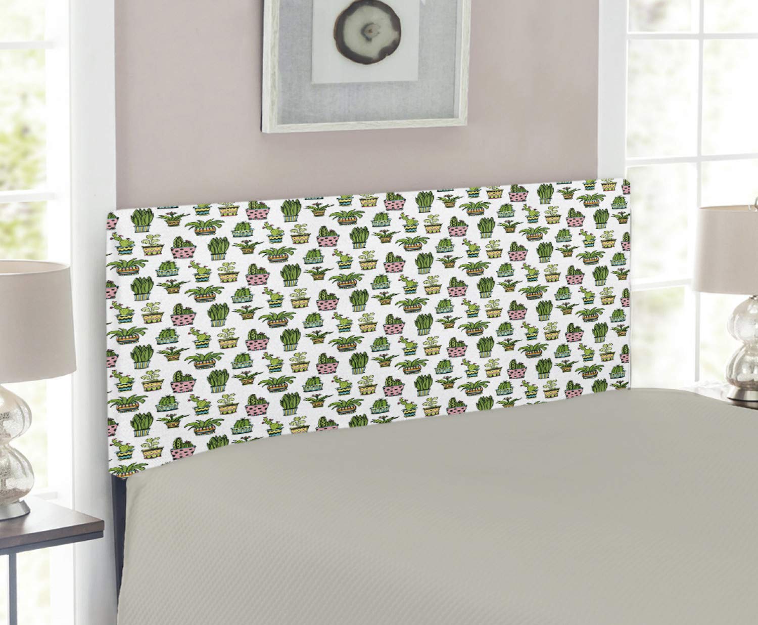 Ambesonne Cactus Headboard - Colorful Succulent Houseplants & Cactus Pattern Doodle Style Flower Pots - Upholstered Decorative Metal Bed Headboard with Memory Foam - Twin Size Multicolor - Perfect for Boho Bedroom Decor & Kids Room Design