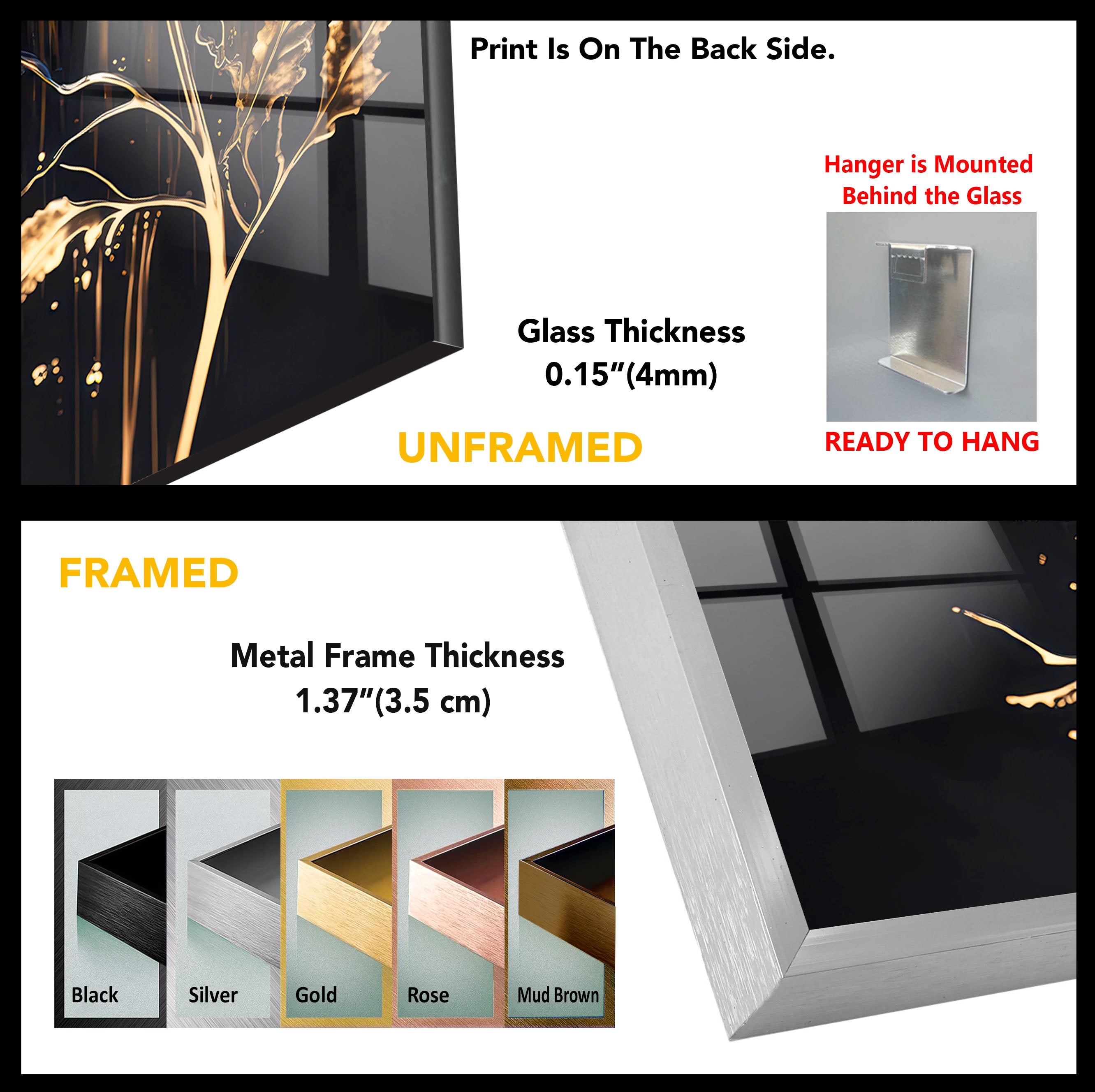 Blue and Gold Floral Wall Art - Elegant Dark Botanical Glass Print for Modern Luxury Home Decor | Perfect for Living Room, Bedroom & Office Wall Decor