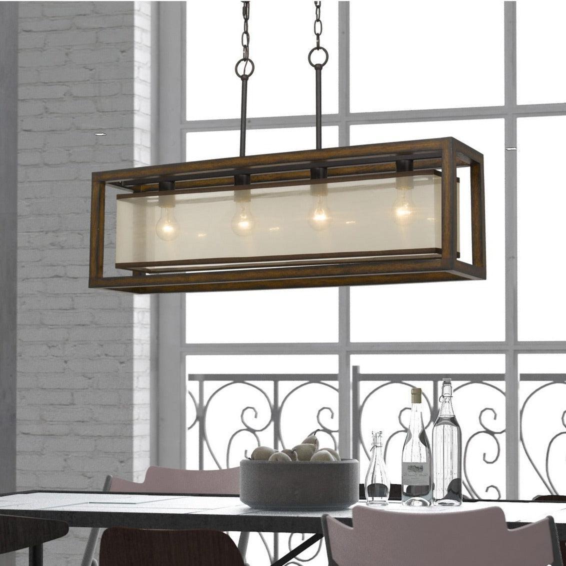 60W x 4 Rubber Wood Island Chandelier with Organza Shade - Modern Farmhouse Kitchen Lighting for Dining Room & Breakfast Nook